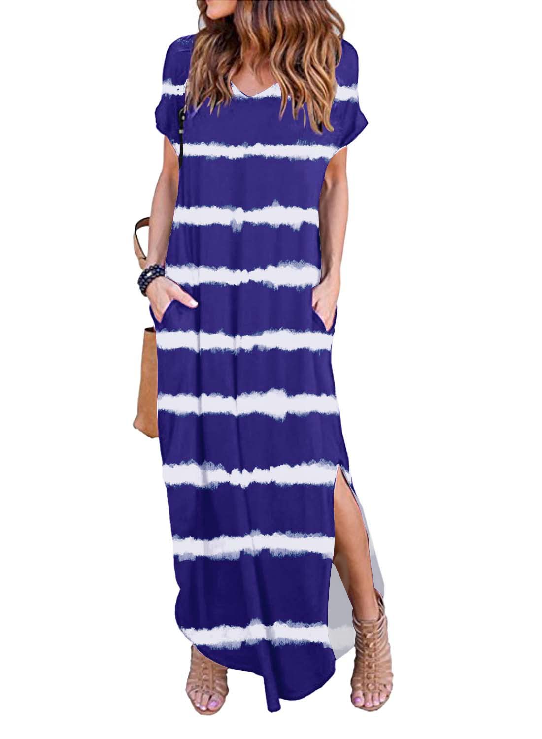 HUSKARY Women's Summer Maxi Dress - Casual Loose Long Dress with Pockets, Short Sleeve & Side Slit (White/Blue) | Perfect for Beach, Vacation & Everyday Wear