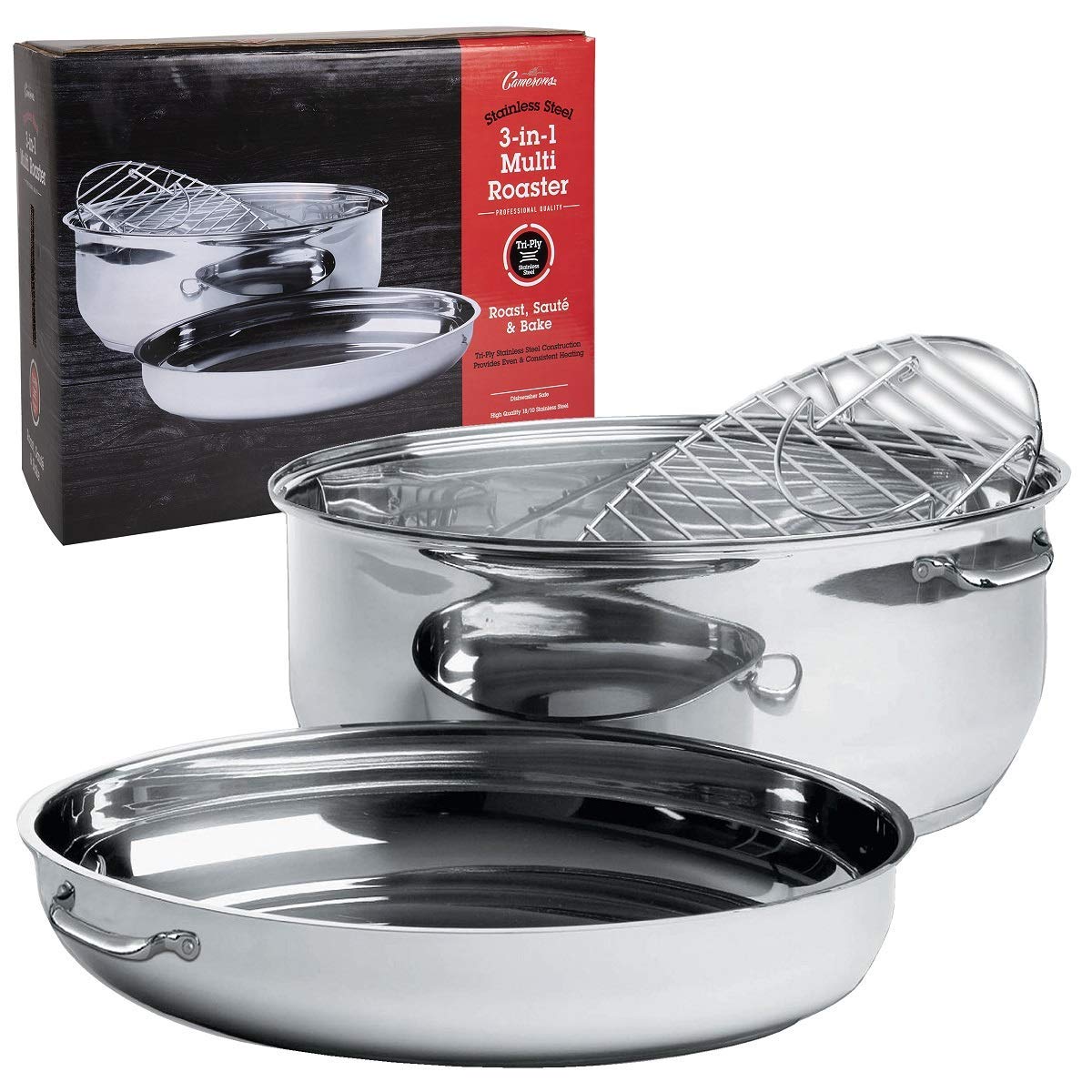 Camerons 3-in-1 Multi Roaster - 11qt Tri-Ply 18/10 Stainless Steel Poultry Roasting Pan, Stock Pot & Saute Pan with Lid - Induction Compatible & Non-Stick - Perfect for Easter Dinner, Thanksgiving, Holiday Cooking & Family Gatherings