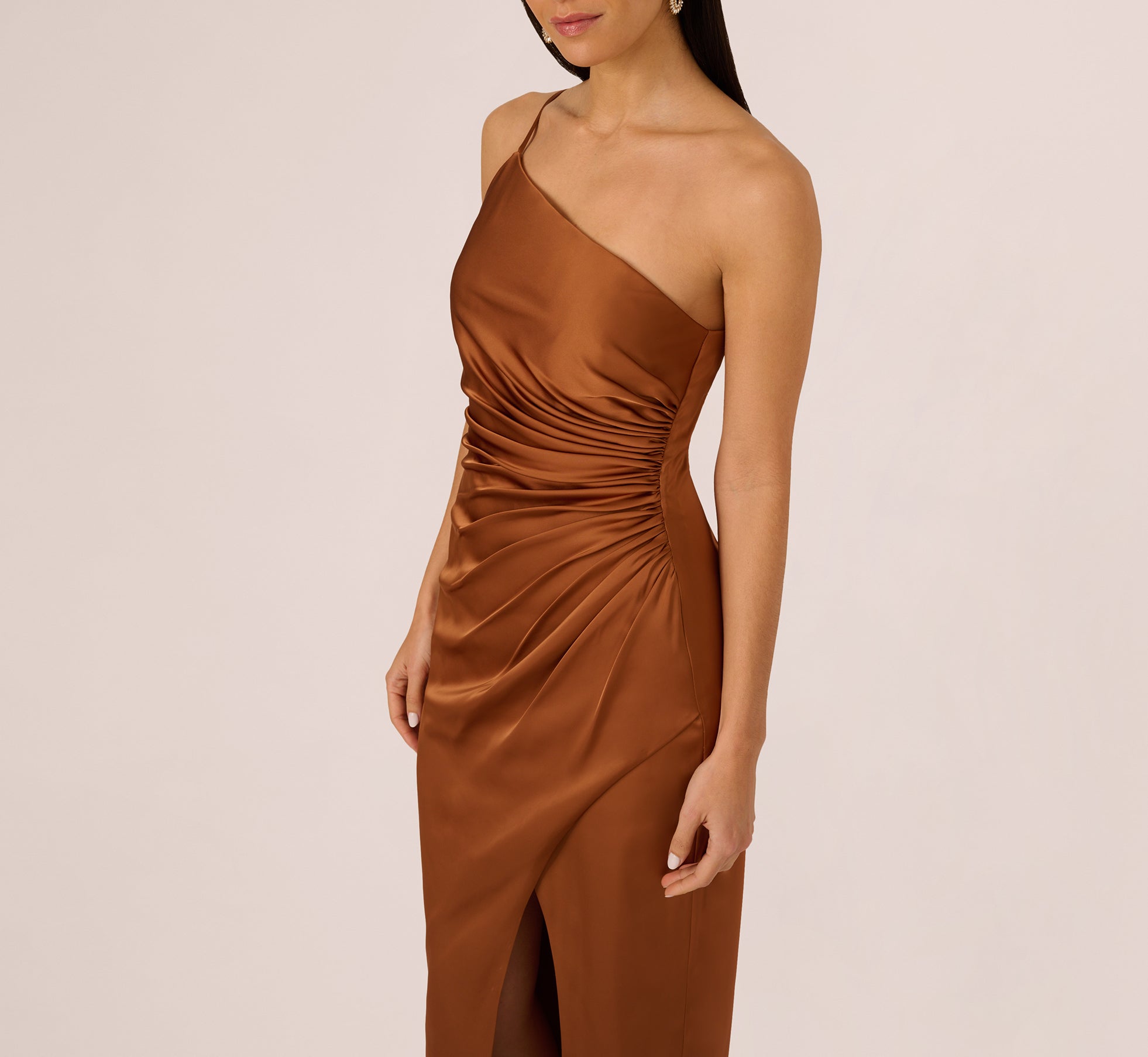 Elegant One Shoulder Ruched Satin Evening Gown in Cinnamon - Perfect for Prom, Cocktail Parties & Formal Events