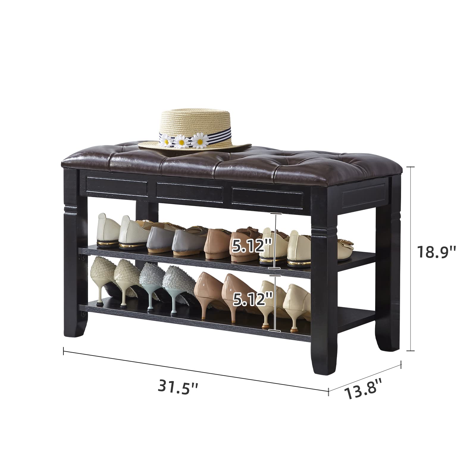 LEILISI 2-Tier Shoe Bench with Cushion & Lift Top Storage | Wooden Entryway Shoe Organizer for Living Room, Bedroom & Hallway (Black, 31.5