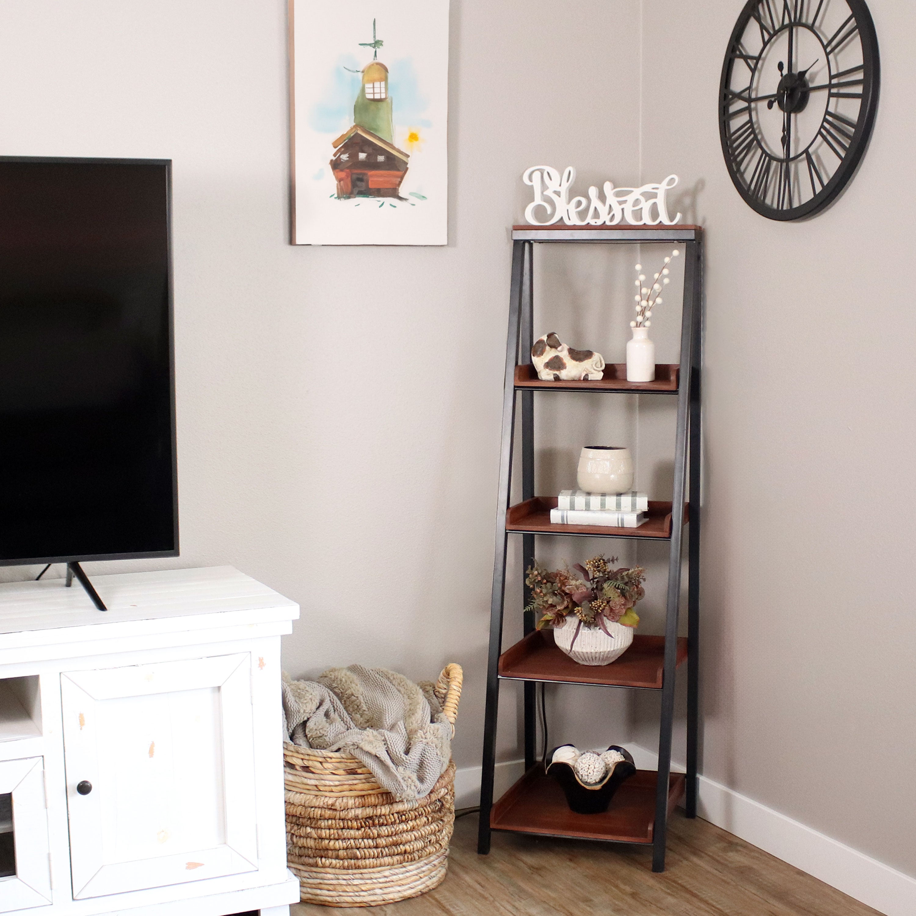 Sunnydaze 4-Tier Leaning Ladder Shelf for Home Decor - 59.75 Inch Tall Rustic Wooden Bookshelf - Perfect for Living Room, Bedroom, or Office Storage & Organization