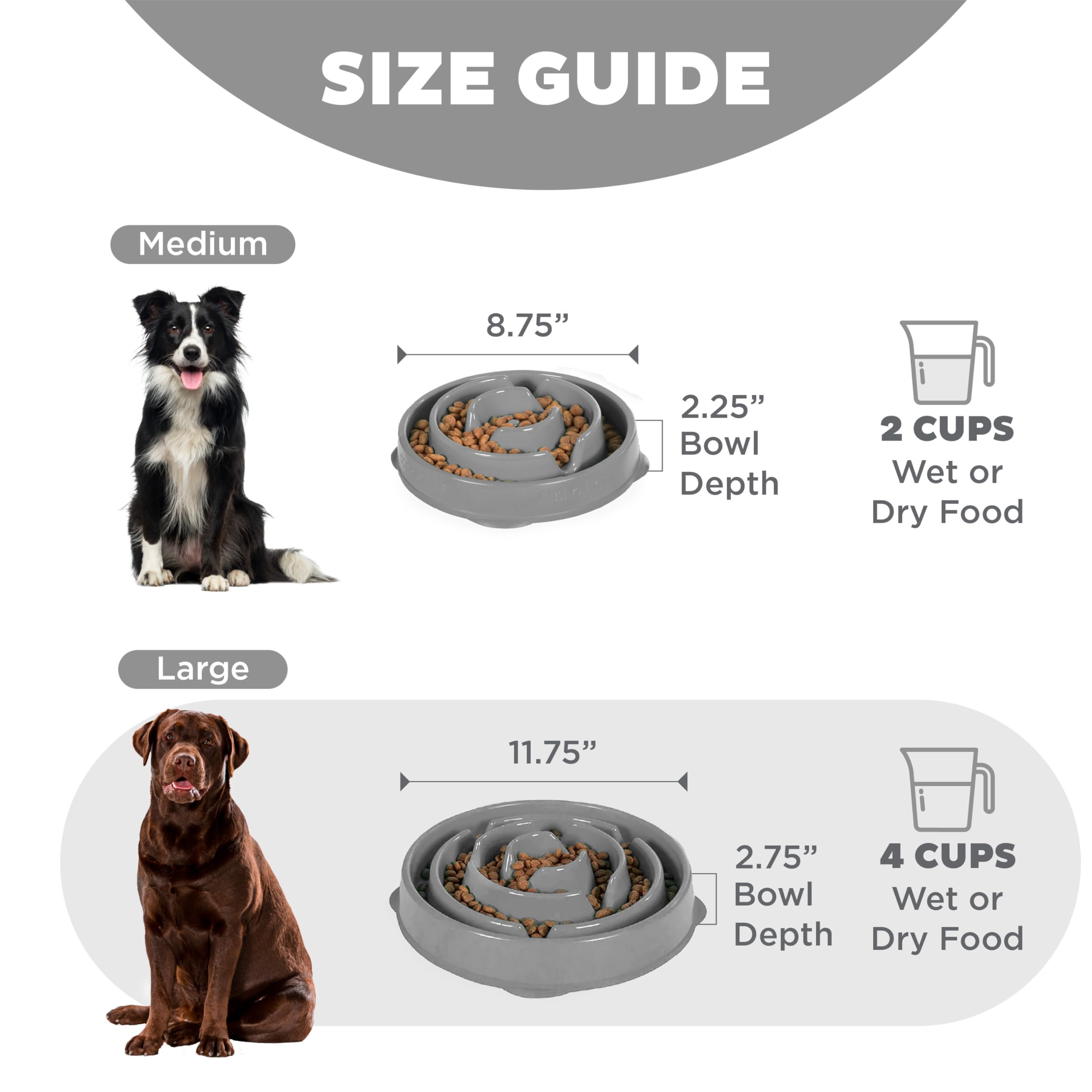 Outward Hound Fun Feeder Slo Bowl - Large Slow Feeder Dog Bowl (4 Cups, Gray) - Perfect for Fast Eaters & Digestive Health - Great for Mealtime Enrichment & Portion Control