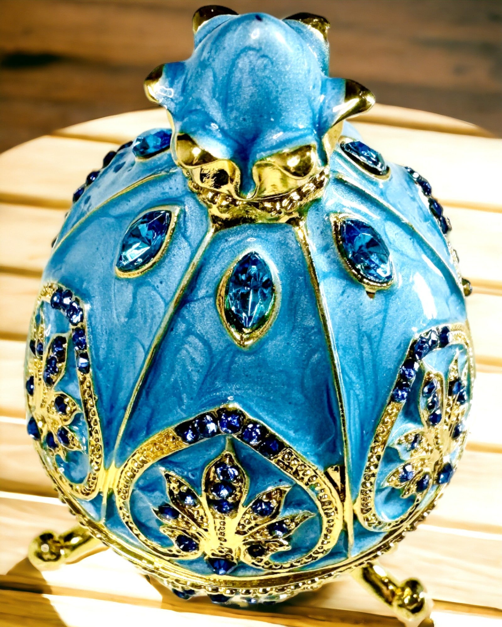 Exquisite Faberge Egg Jewelry Organizer - Sky Blue Enameled Box with Personalized Engraving | Perfect for Ring, Necklace & Earring Storage | Elegant Gift for Women