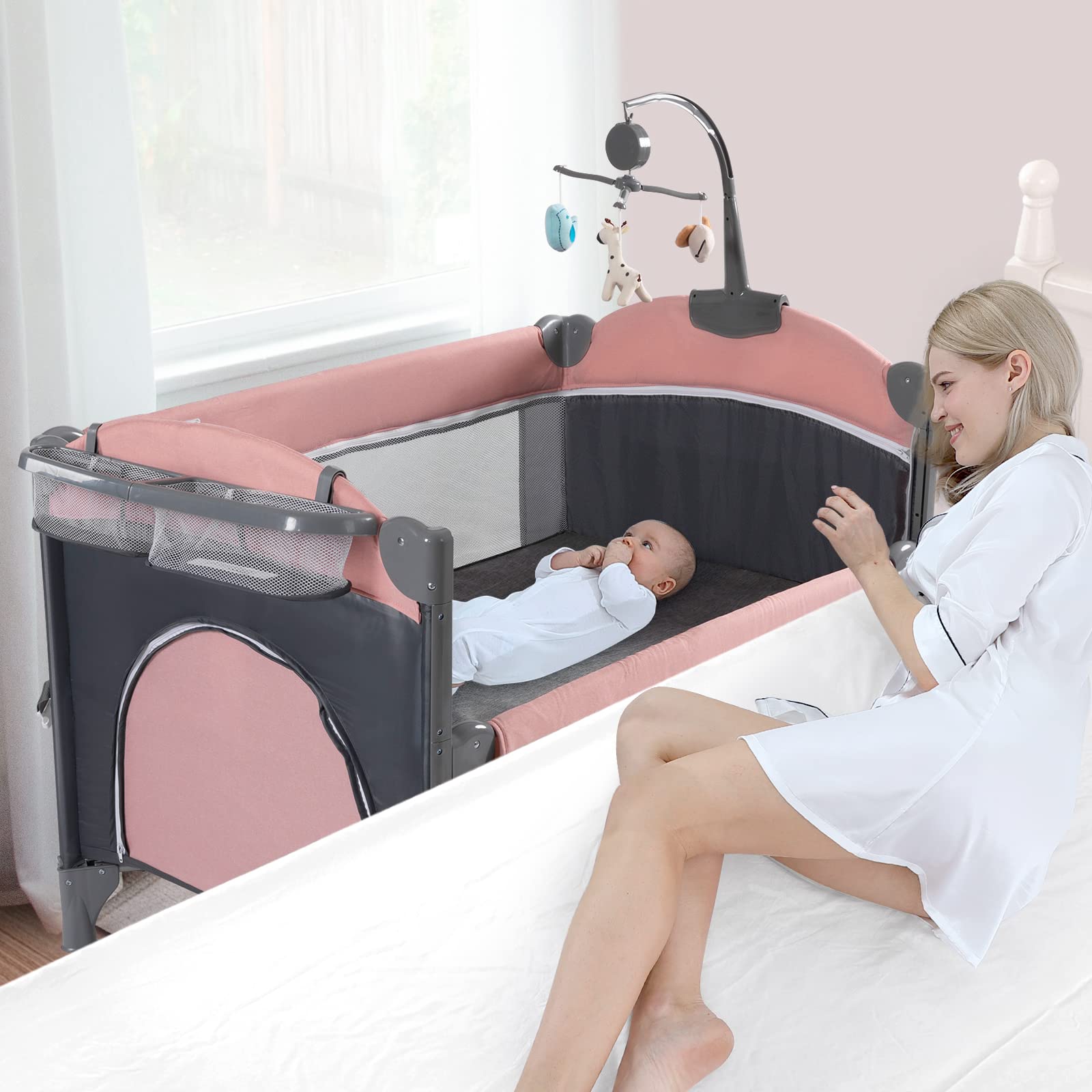 5-in-1 Portable Baby Crib with Bassinet, Changing Table & Playpen - Travel Sleeper with Mattress, Toys & Music Box for Newborns, Infants, Boys & Girls (Pink) | Perfect for Nursery, Bedroom & Travel Use