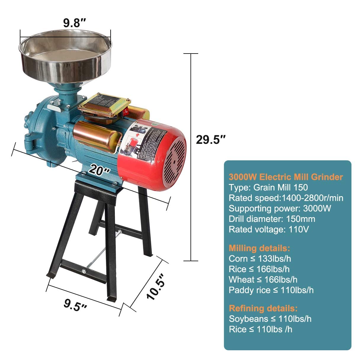 3000W Electric Corn Grinder Machine - Commercial Grain Mill for Rice, Wheat, Coffee & Maize - Heavy Duty Flour Mill with Funnel - Perfect for Home Baking, Coffee Shops & Farm Feed Preparation (110V)