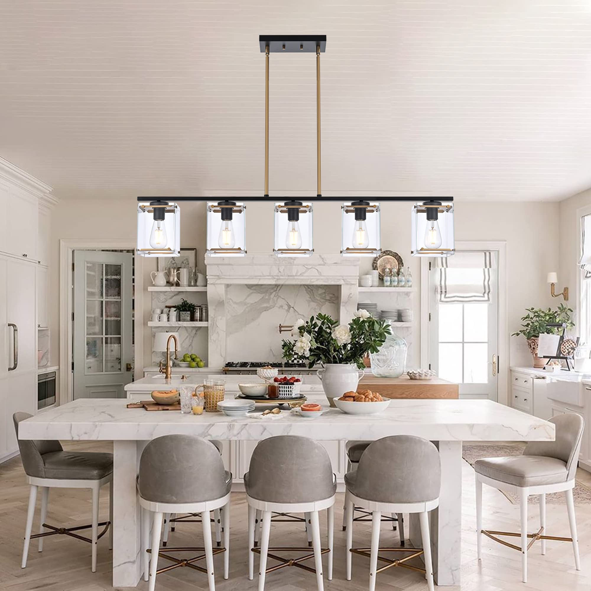 MELUCEE 5-Light Modern Linear Chandelier - Black and Brass Rectangular Pendant Light with Clear Glass Shades for Kitchen Island, Dining Room, Living Room | Perfect for Contemporary Home Decor and Open Concept Spaces