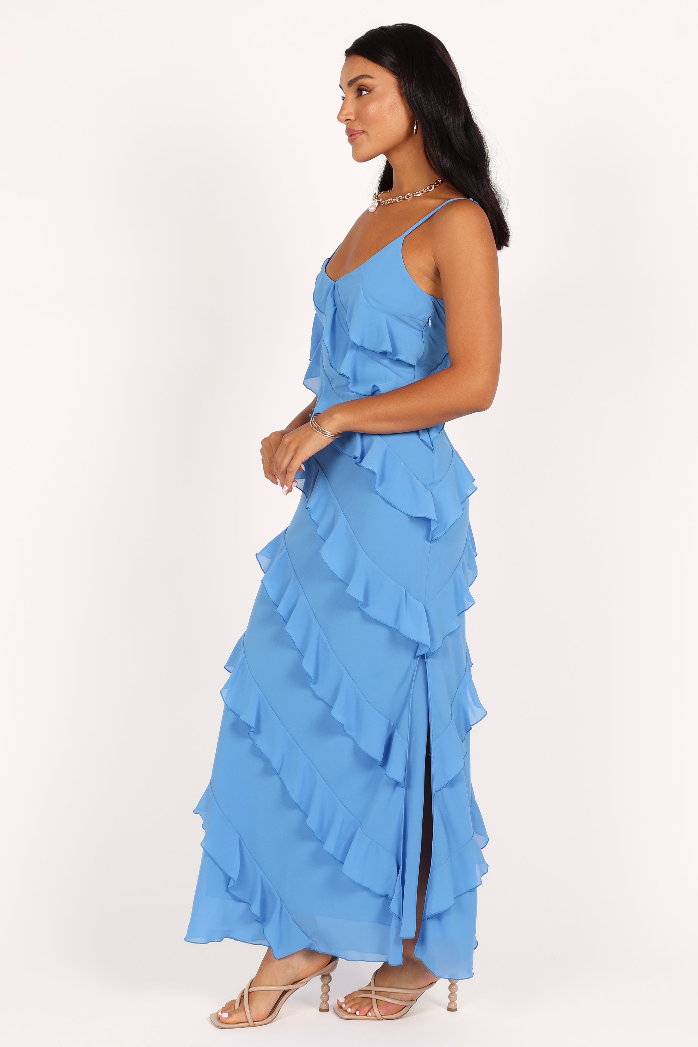 Ciao Ruffles Maxi Dress for Women - Flowy Blue Summer Dress with Ruffled Hem | Perfect for Beach Vacations, Weddings & Date Nights
