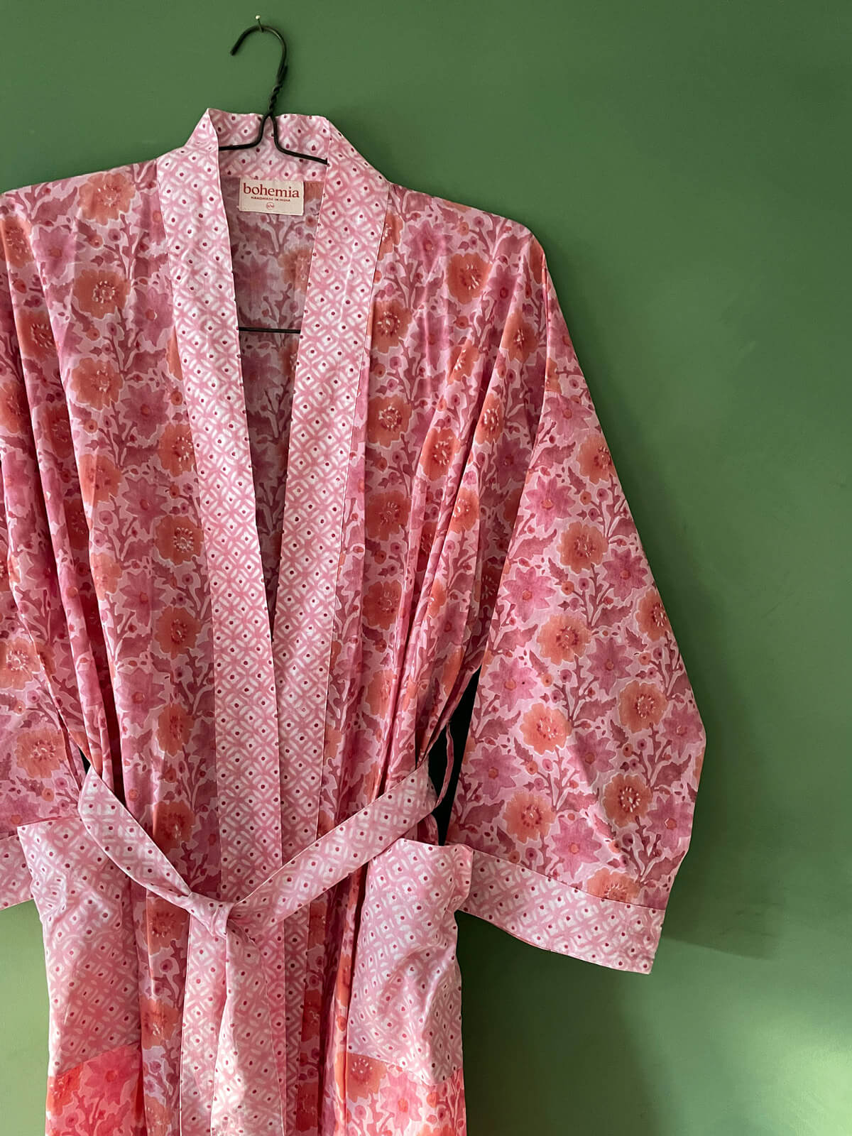Vintage Pink Block Print Cotton Robe - Soft & Comfortable Women's Loungewear for Spa, Yoga & Relaxation at Home