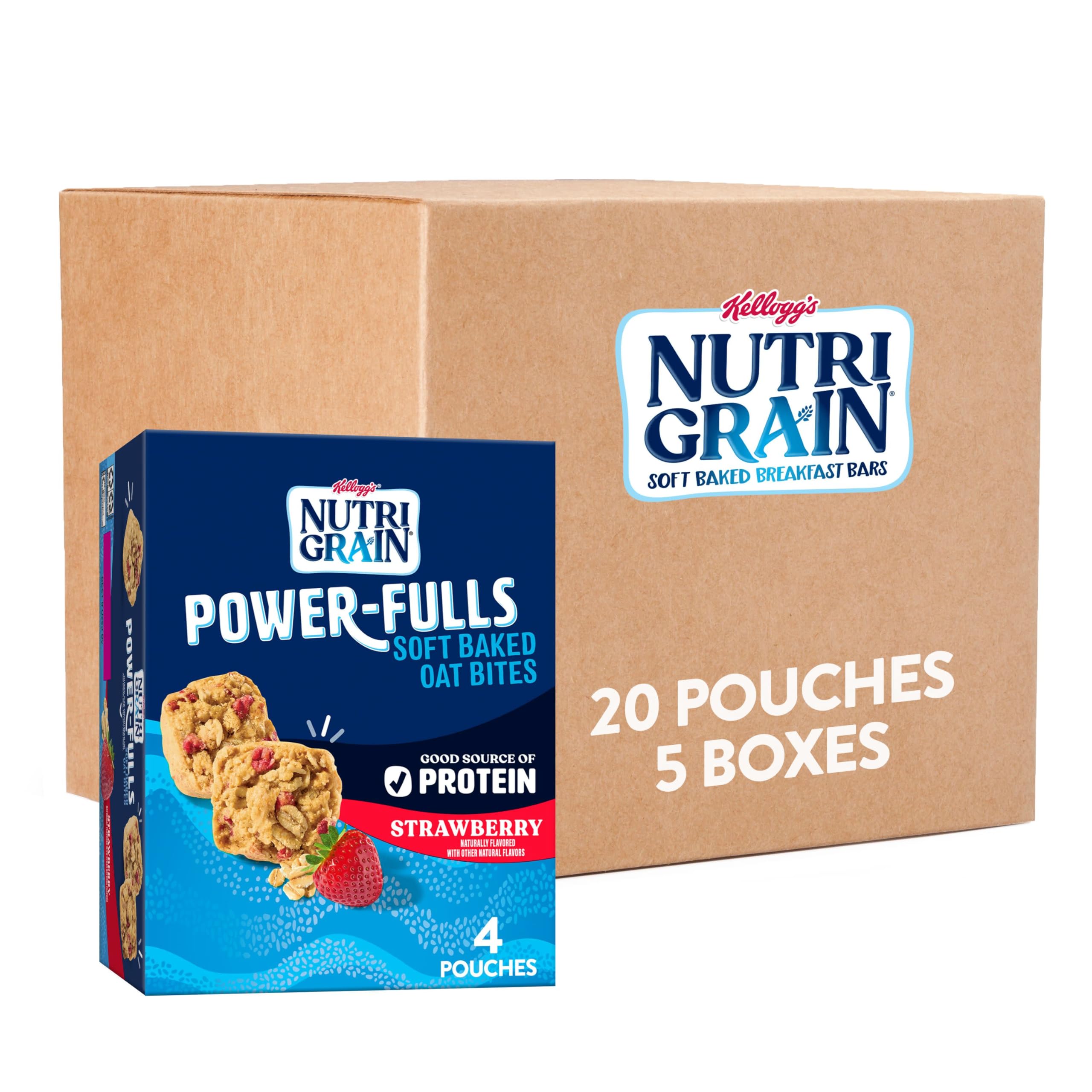 Nutri-Grain Power-Fulls Soft Baked Oat Bites - High Protein Snacks, Whole Grain Strawberry Flavor (5 Boxes, 20 Pouches) - Perfect for On-the-Go Breakfast, Office Snacks & Post-Workout Energy Boost