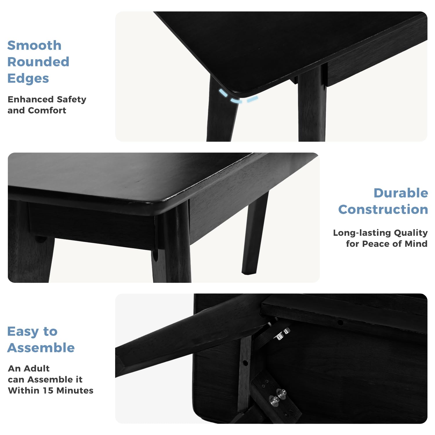 DELAVIN 47 Inch Oak Wood Dining Bench - Modern Black Kitchen Bench, Bedroom Bench, Living Room Bench - Sturdy Wooden Seating for Dining Table, Entryway, or Home Decor