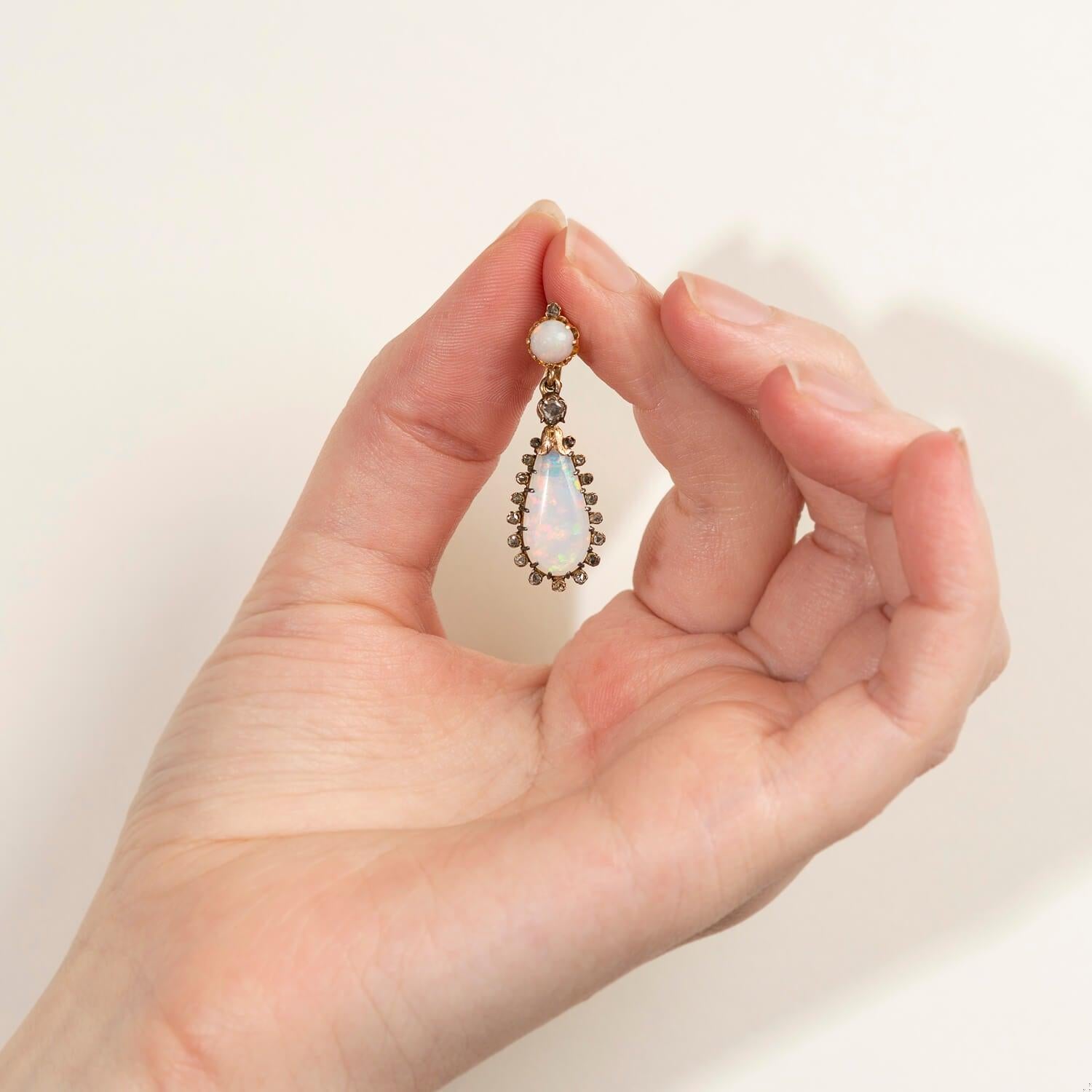 Exquisite Early Victorian 18K Gold Opal and Diamond Dangle Earrings - Vintage Jewelry for Weddings, Parties & Special Occasions