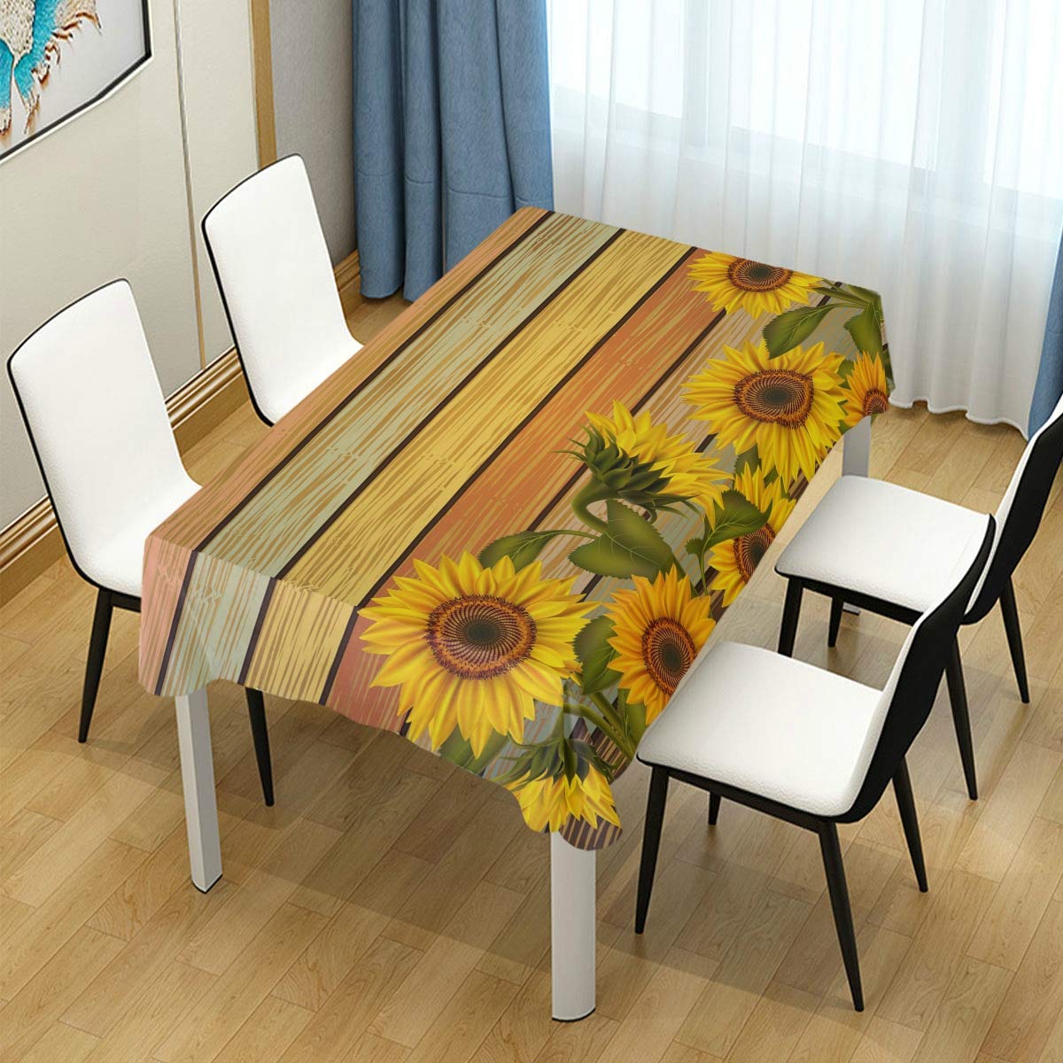 Sunflower Printed Tablecloth - Waterproof Wooden Table Cover for Dining Room & Kitchen Decor - Perfect for Parties, Picnics, and Everyday Use