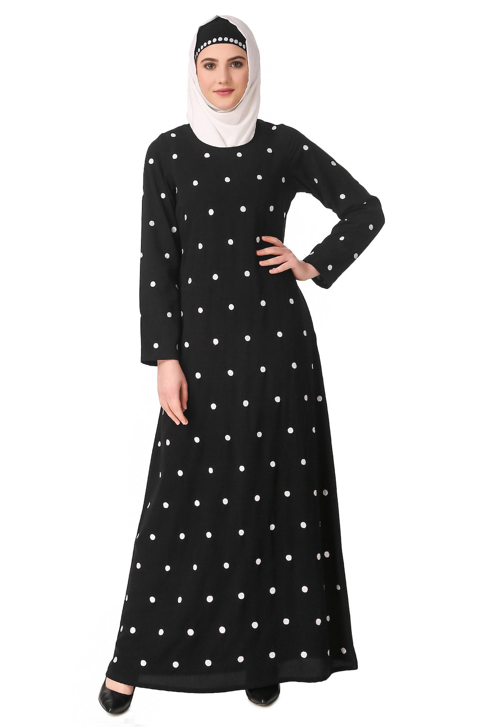 Embroidered Polka Dot A-Line Abaya Dress for Women - Modest Islamic Prayer Dress for Mosque & Special Occasions