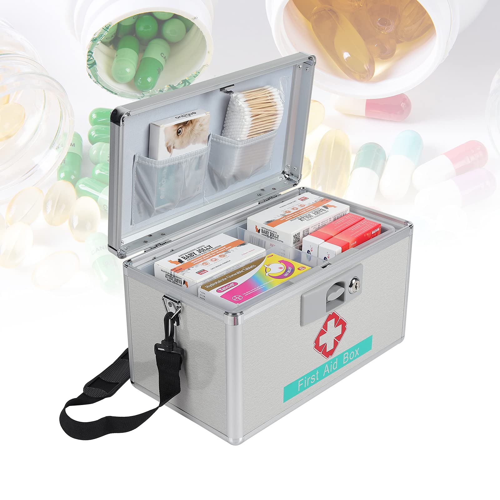 14 Inch Aluminum First Aid Kit with Removable Compartments & Security Lock - Portable Medical Storage Box for Camping, Hiking, Home & Emergency Preparedness (Silver)