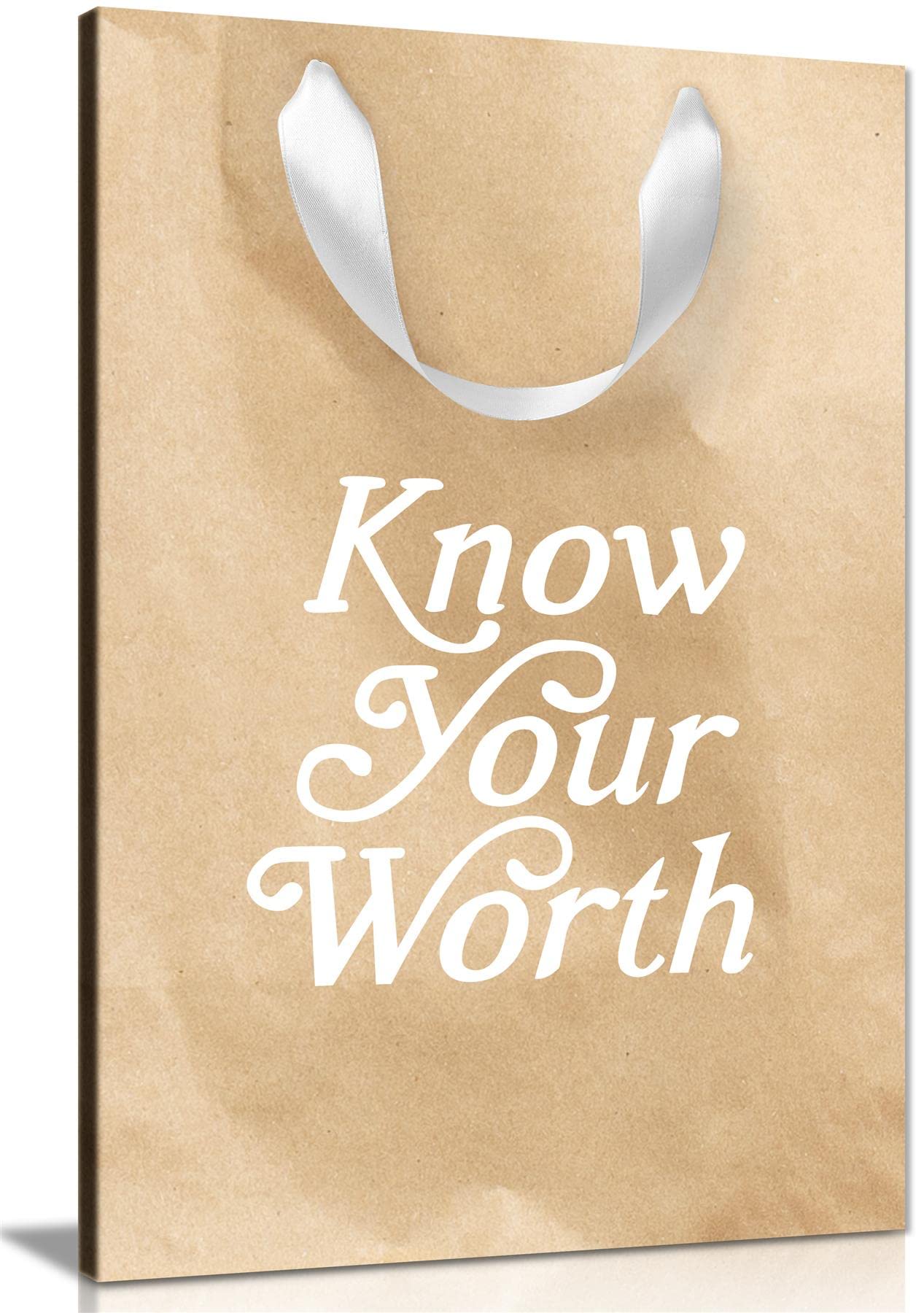 Inspiring Motivational Quotes Wall Art for Girls Bedroom - Positive Framed Canvas Decor for Women's Home Office - Know Your Worth 31x20cm (12x8in) - Perfect for Bedroom, Living Room & Office Decor