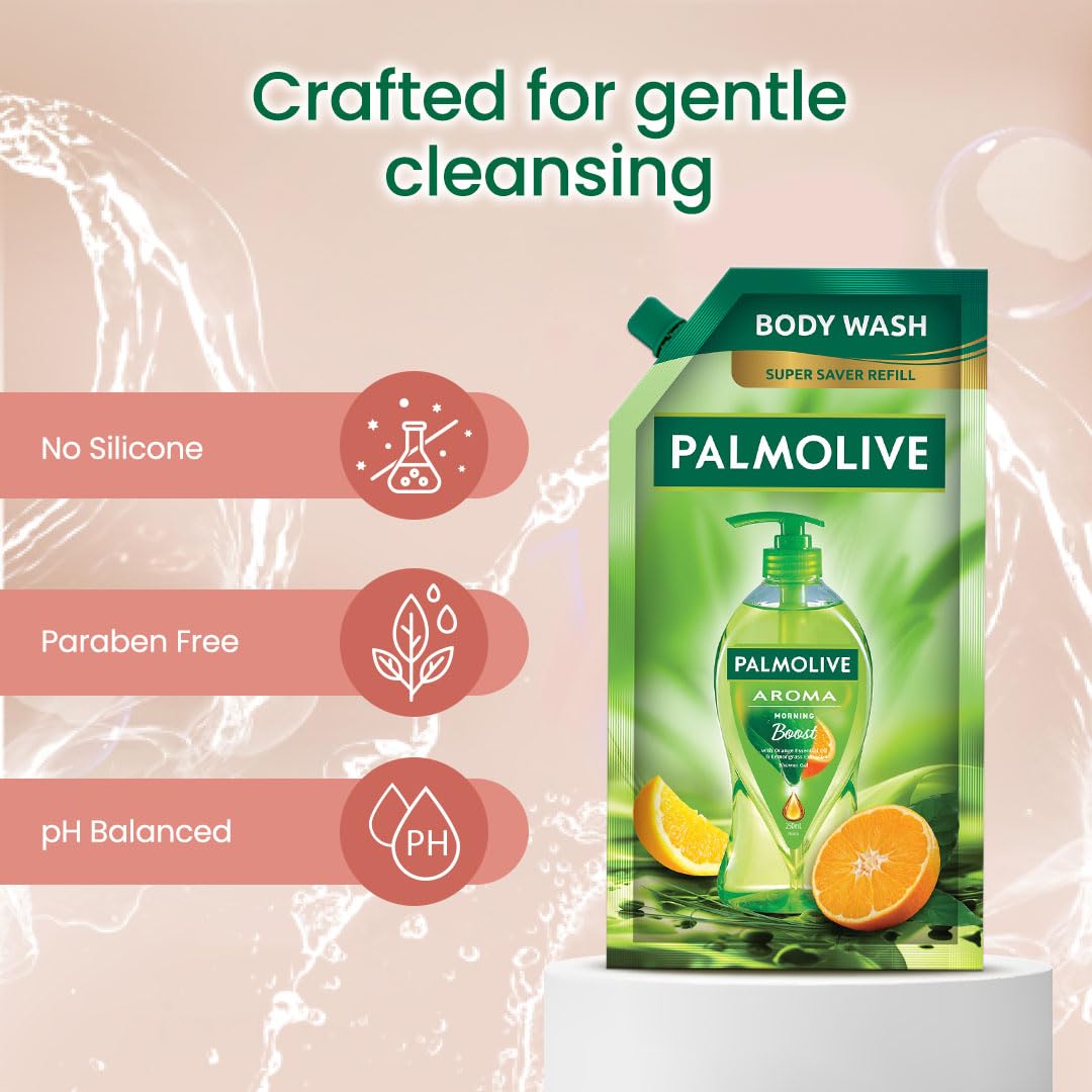 Palmolive Aroma Morning Boost Body Wash for Women & Men - 750ml Shower Gel Refill Pack with 100% Natural Citrus Essential Oil & Lemongrass Extracts | pH Balanced, Paraben & Silicone Free | Energizing Morning Shower for Soft, Smooth Skin | Perfect for Daily Use at Home, Gym, or Travel