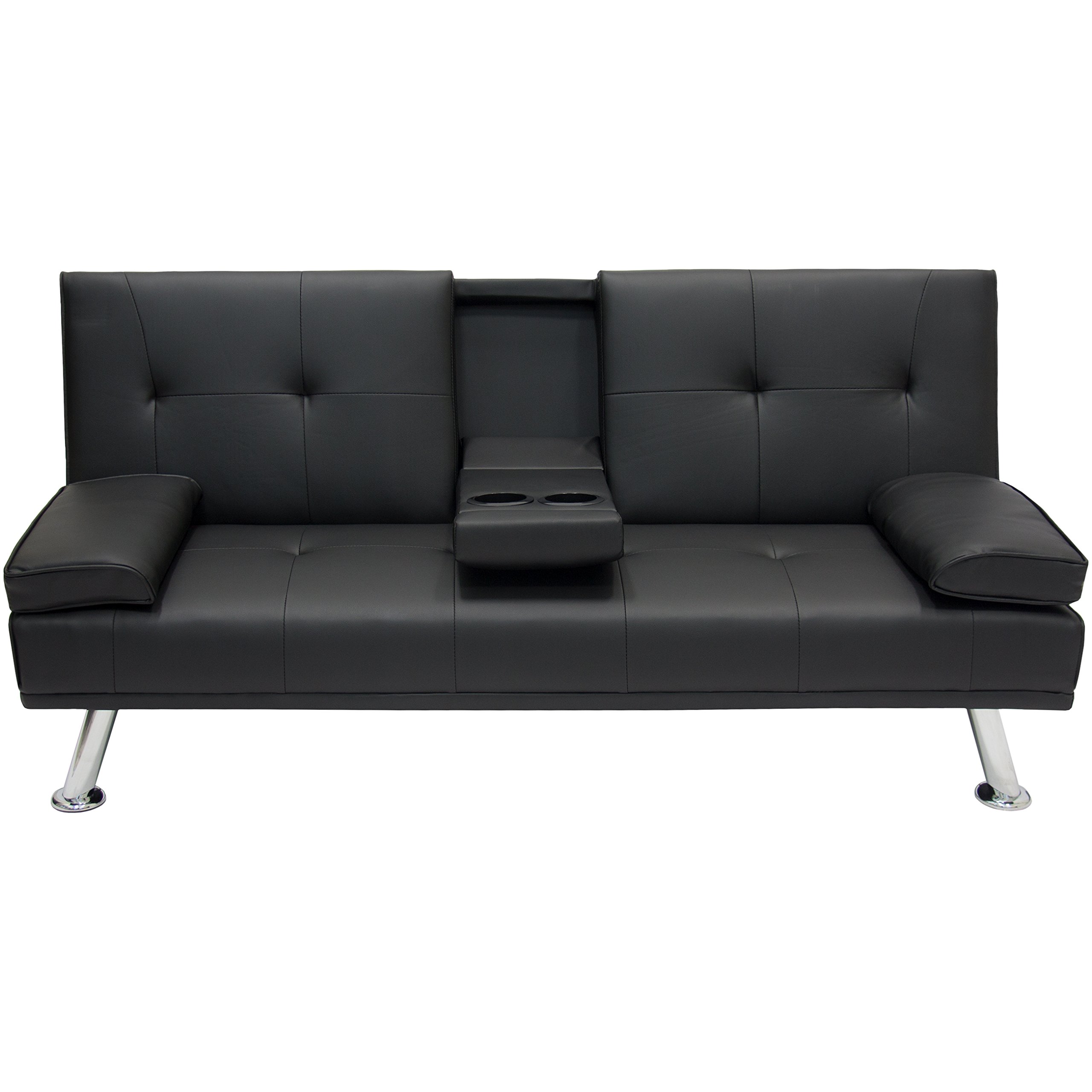 Modern Black Convertible Futon Sofa Bed - Foldable Recliner with Armrests & Cup Holders | Sleeper Couch for Living Room, Guest Room & Small Spaces | Includes Free Expert Setup Guide | Perfect for Apartments, Dorms & Home Theater Seating
