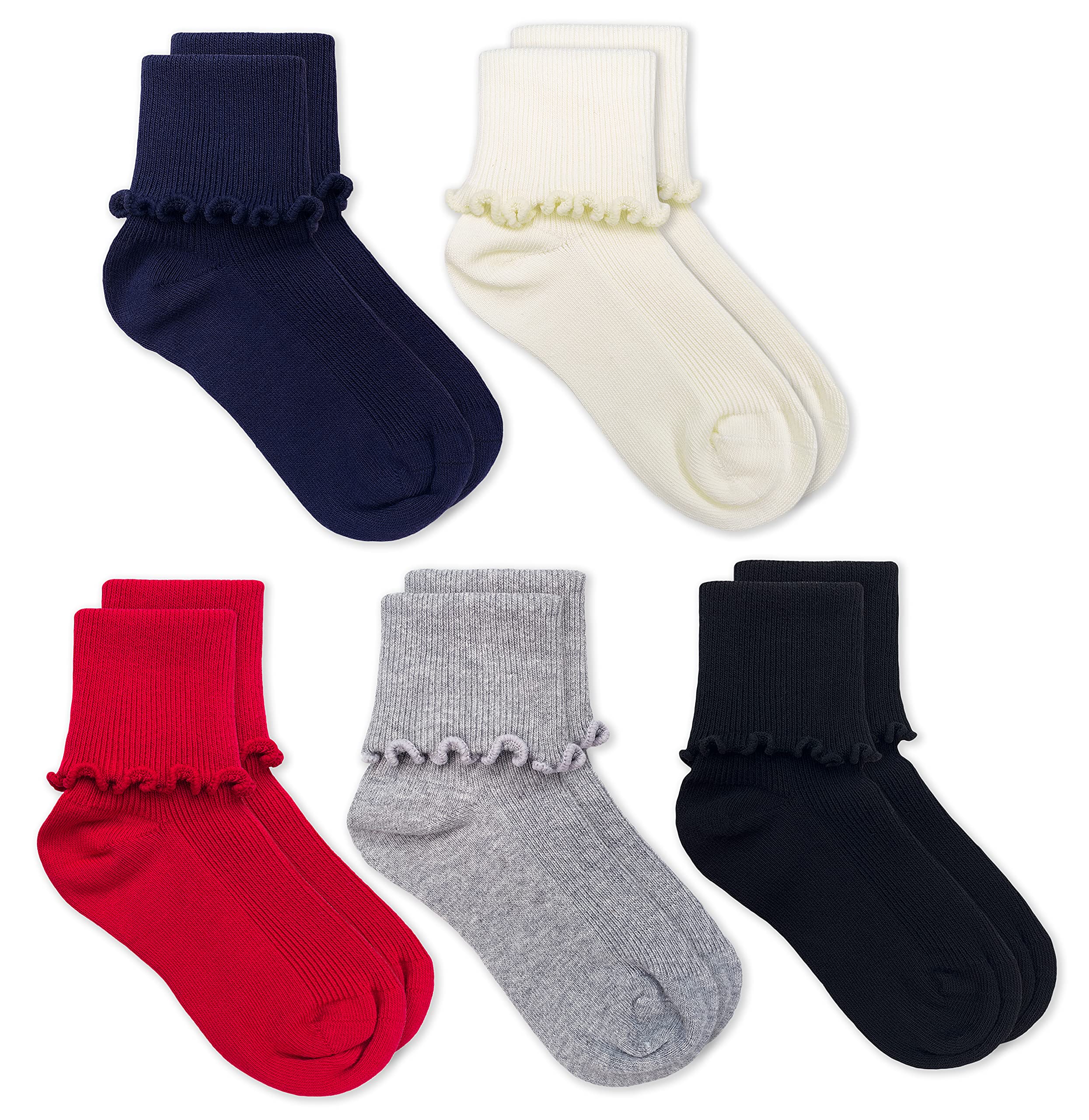 Jefferies Girls' Ripple Ruffle Trim Seamless Crew Socks 5-Pack - Soft & Comfortable Ankle Socks for School, Sports & Everyday Wear