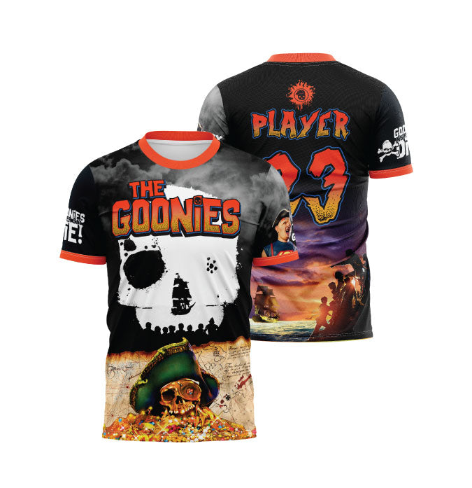 Goonies Never Die Youth Full Dye Jersey - Vintage Movie Inspired Soccer Shirt for Kids - Perfect for Halloween Costumes, Cosplay & Sports Events