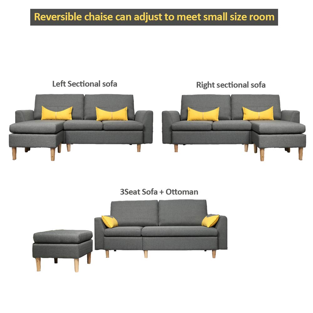 Modern L-Shaped Sectional Sofa with Reversible Chaise - Grey Linen Fabric Small Space Couch for Living Room, Apartment & Home Theater Seating