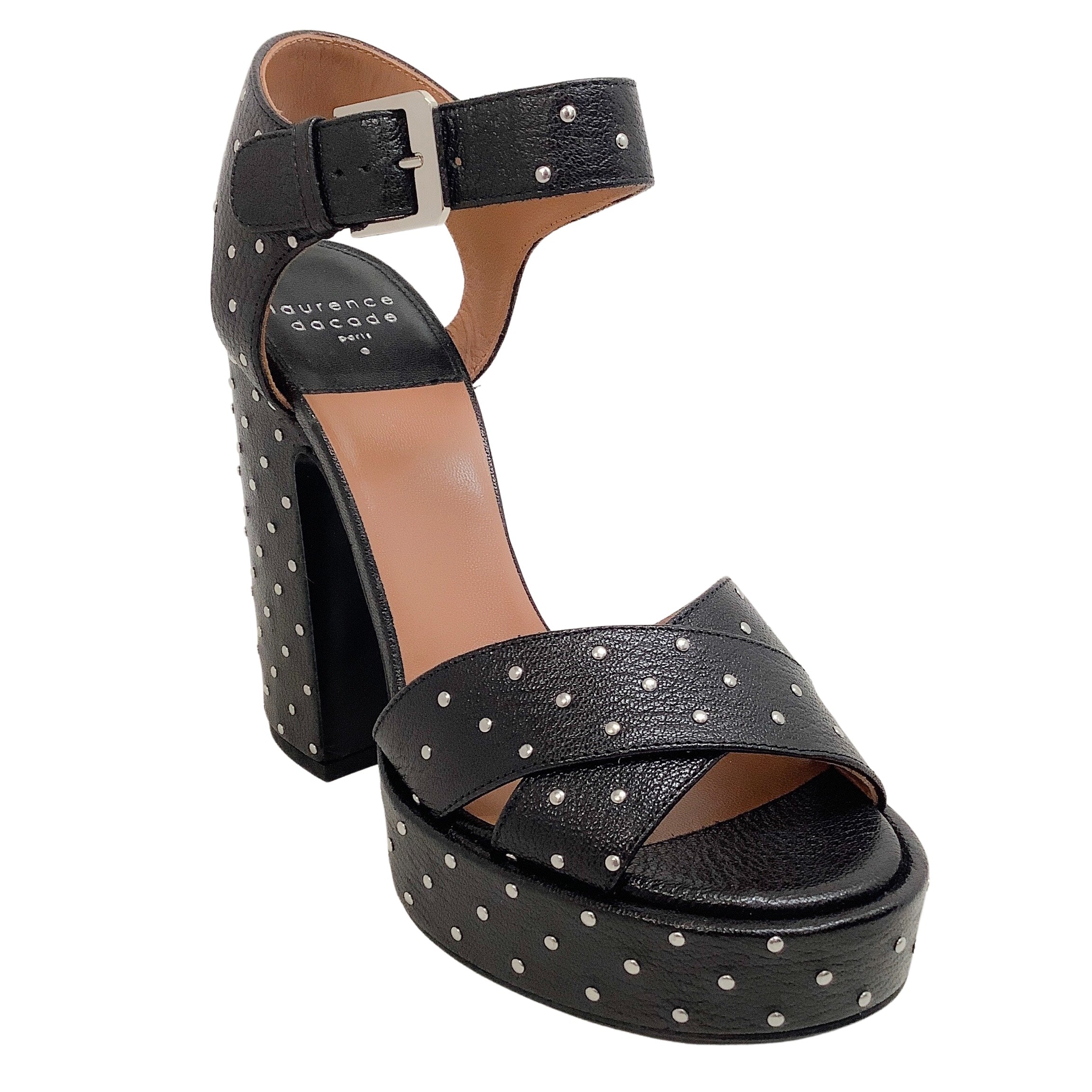 Laurence Dacade Black Leather Rosange Studded Platform Sandals for Women - Stylish High Heel Summer Shoes for Parties, Weddings & Night Out