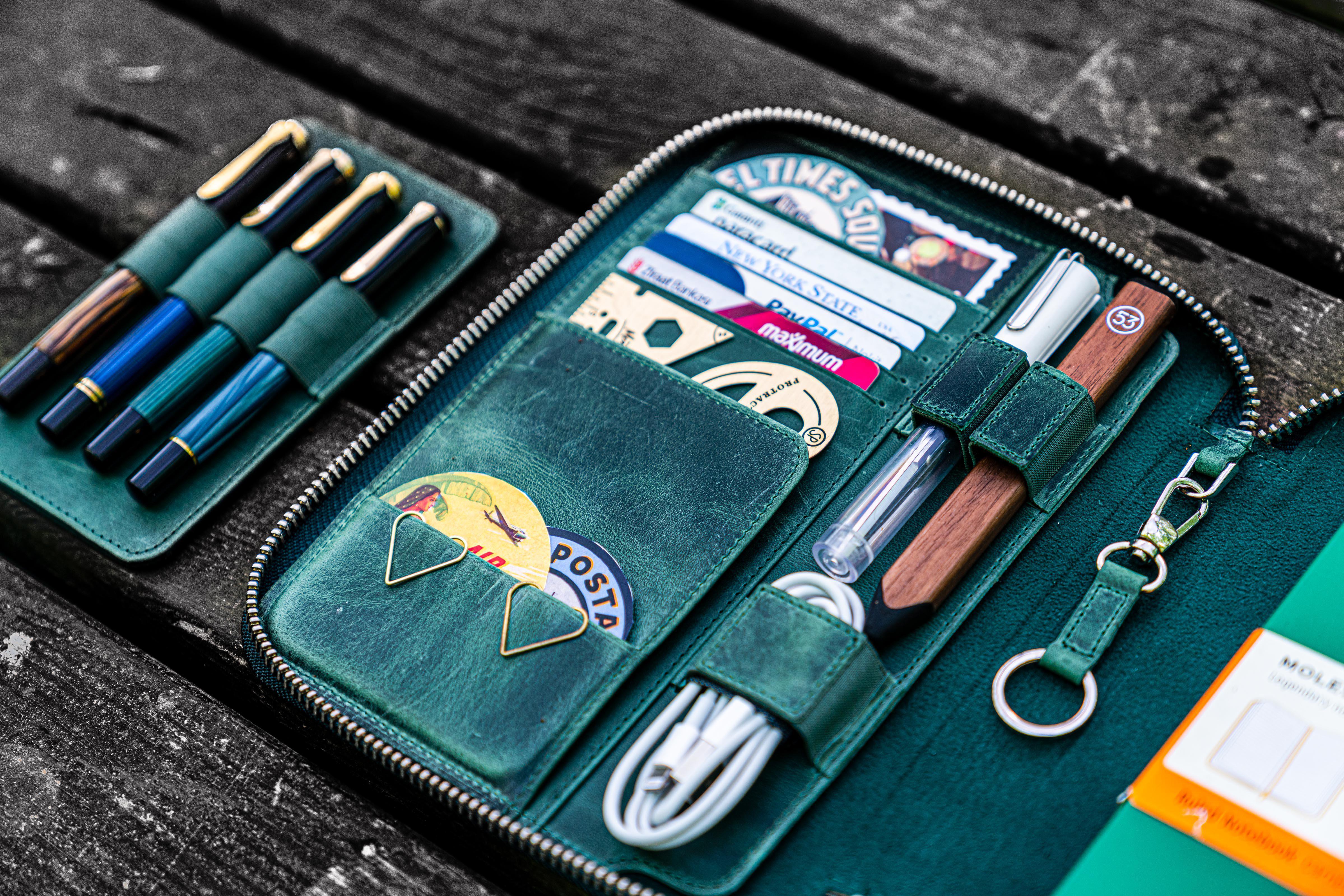 Genuine Leather Zippered Folio for iPad Mini & Large Moleskine Notebook - Crazy Horse Forest Green - Perfect for Work, Travel & Business Meetings