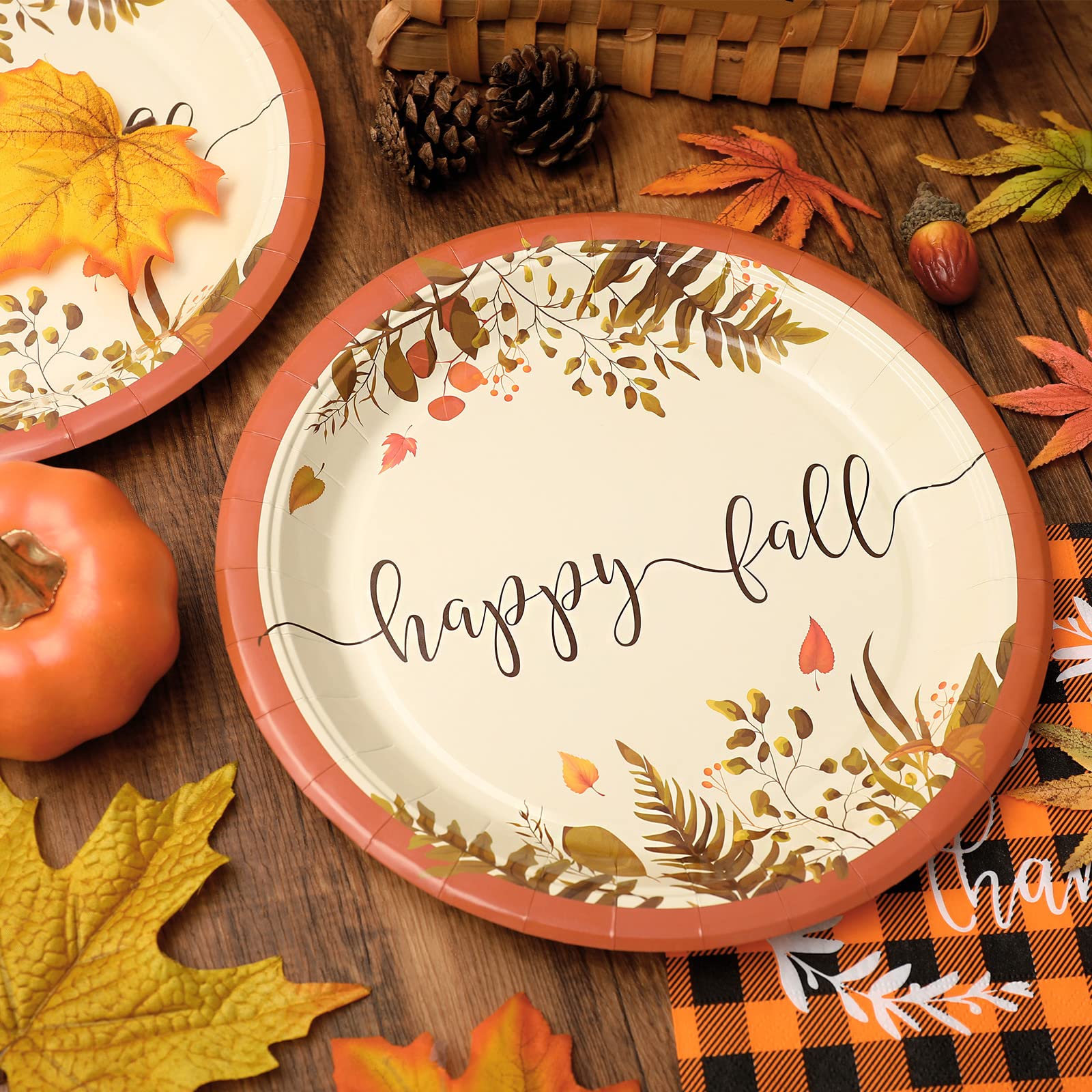 24Pcs Thanksgiving Happy Fall Paper Plates 9 Inch - Autumn Leaves Disposable Plates for Holiday, Wedding, Birthday Party Dinner - Fall Harvest Theme Tableware Supplies for Thanksgiving, Halloween, Christmas Decorations
