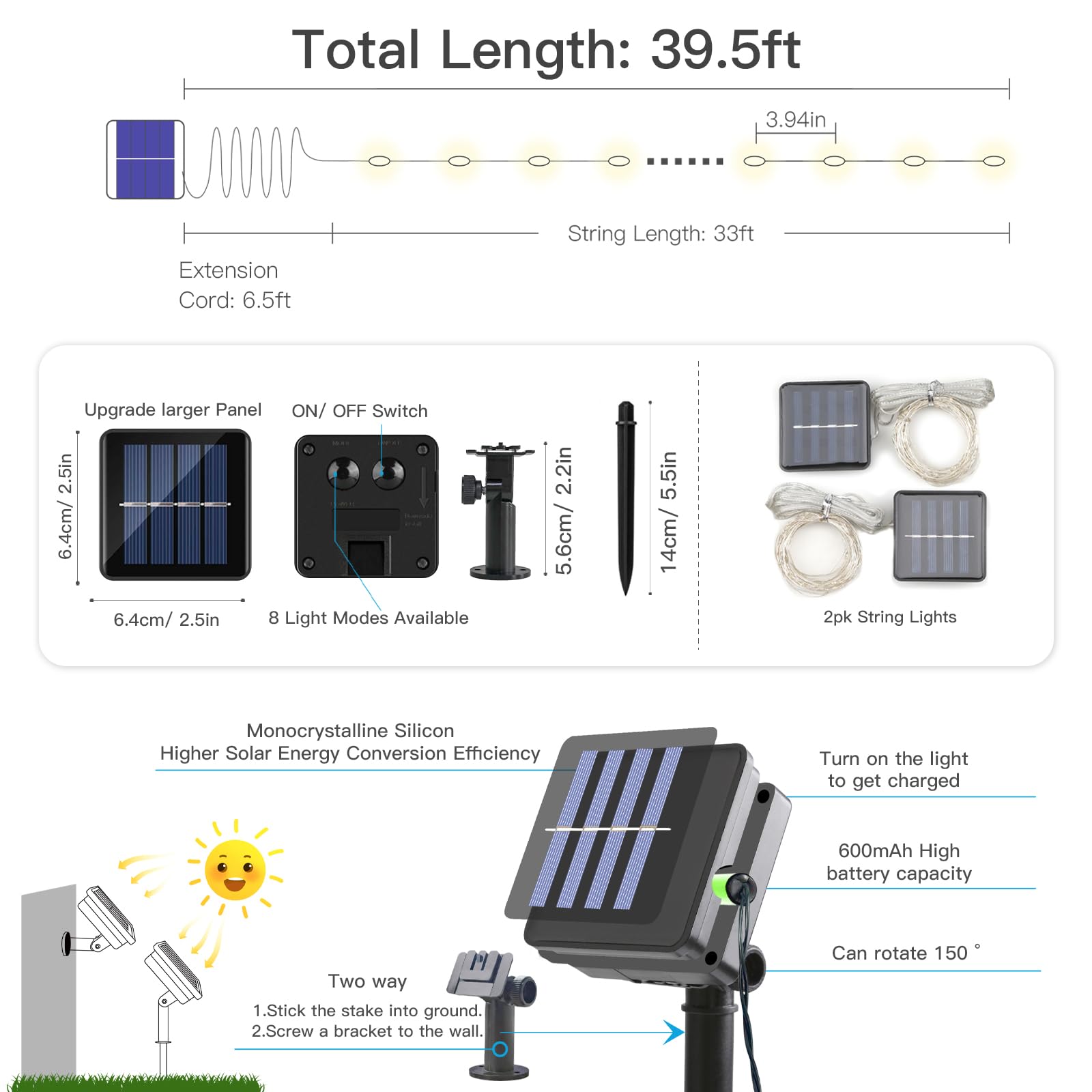 Suddus 2 Pack 33ft 100 LED Solar Fairy Lights Outdoor Waterproof - 8 Modes White Solar Christmas Twinkle Lights for Backyard, Trees, Patio, Deck, Garden, Birthday Party & Wedding Decorations | Perfect for Outdoor Lighting, Landscape Decoration and Holiday Festive Ambiance