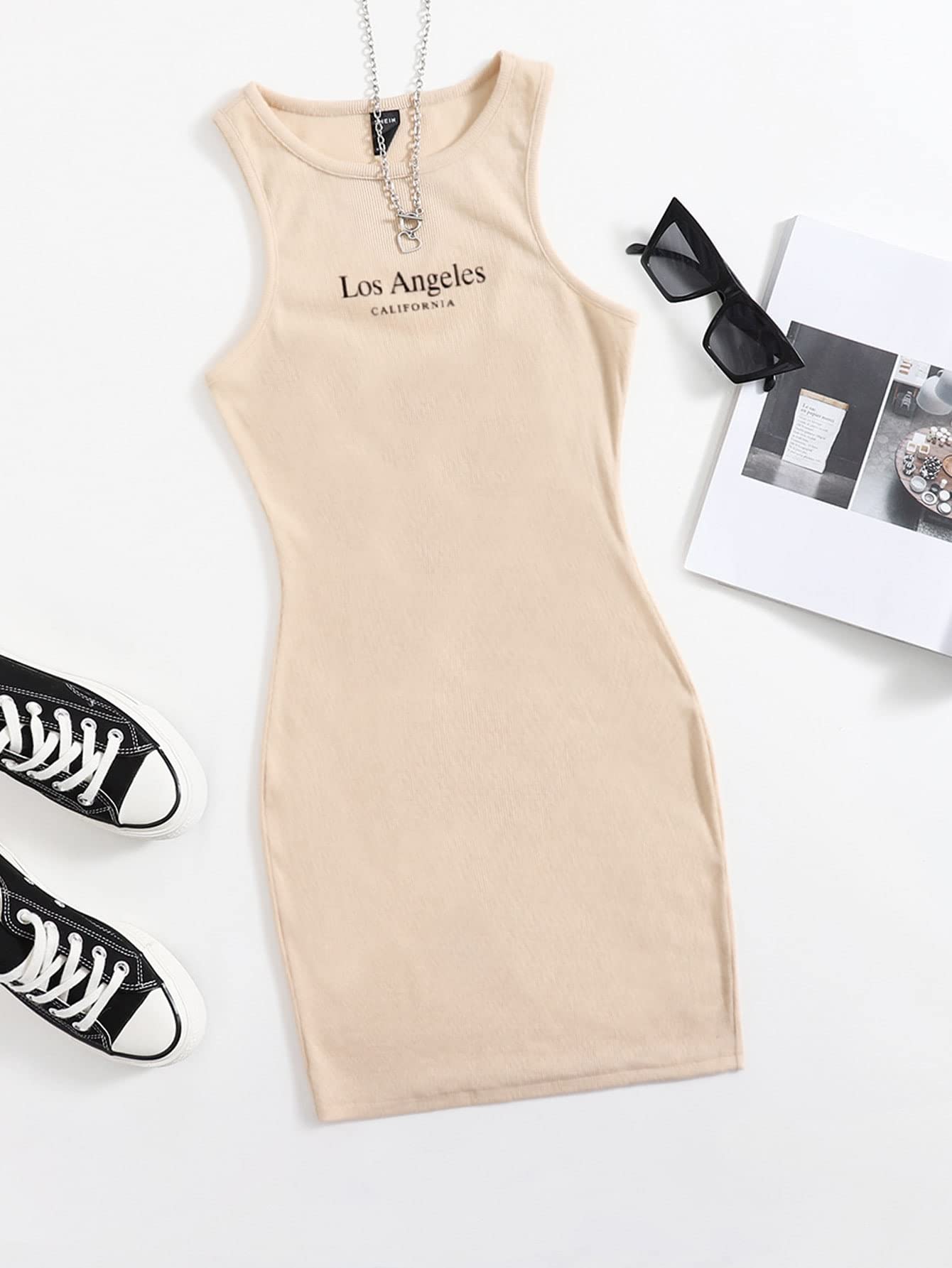 FDSUFDY Women's Summer Rib-Knit Dress with Letter Graphic - Apricot Color, Size Small - Perfect for Beach Vacations, Casual Outings & Summer Parties