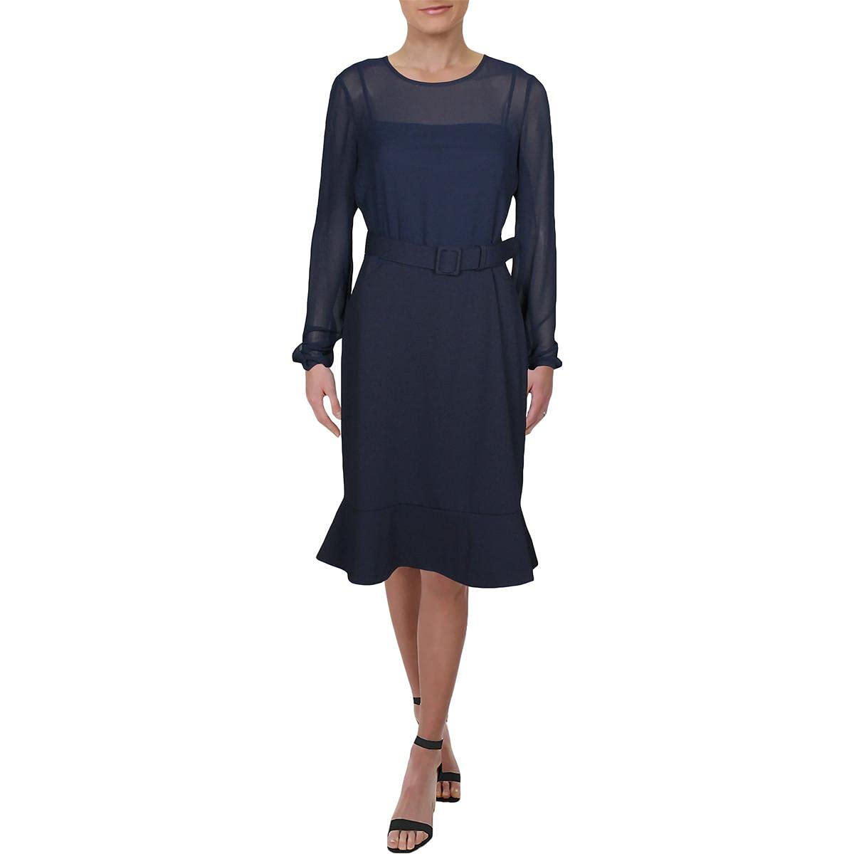 LAUREN RALPH LAUREN Women's Corbin Ruffled Belted Shift Dress in Navy Blue - Size 16 | Perfect for Office Wear, Cocktail Parties & Special Occasions