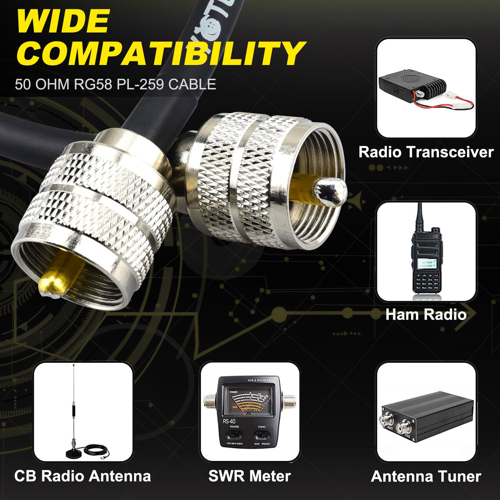 16.4ft CB Coax Cable - PL259 RG58 Coaxial Cable UHF Male to Male 50 Ohm Low Loss - for CB Radio, Ham Radio, SWR Meter, Dummy Load & Antenna Analyzer - Perfect for Vehicle Installation & Home Radio Stations
