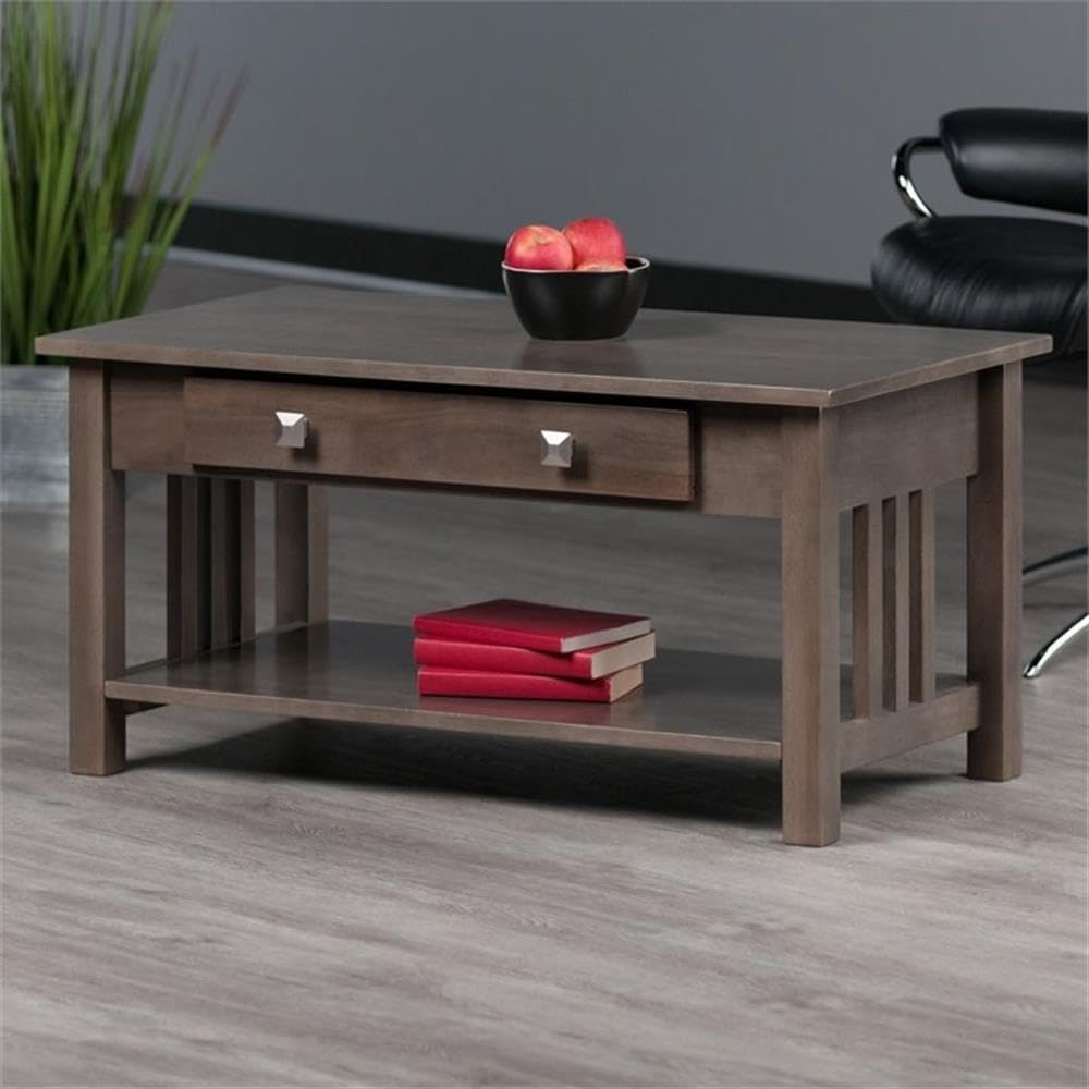 Pemberly Row Transitional Solid Wood Storage Coffee Table in Oyster Gray - Stylish Living Room Furniture with Hidden Storage for Remote, Magazines & Blankets