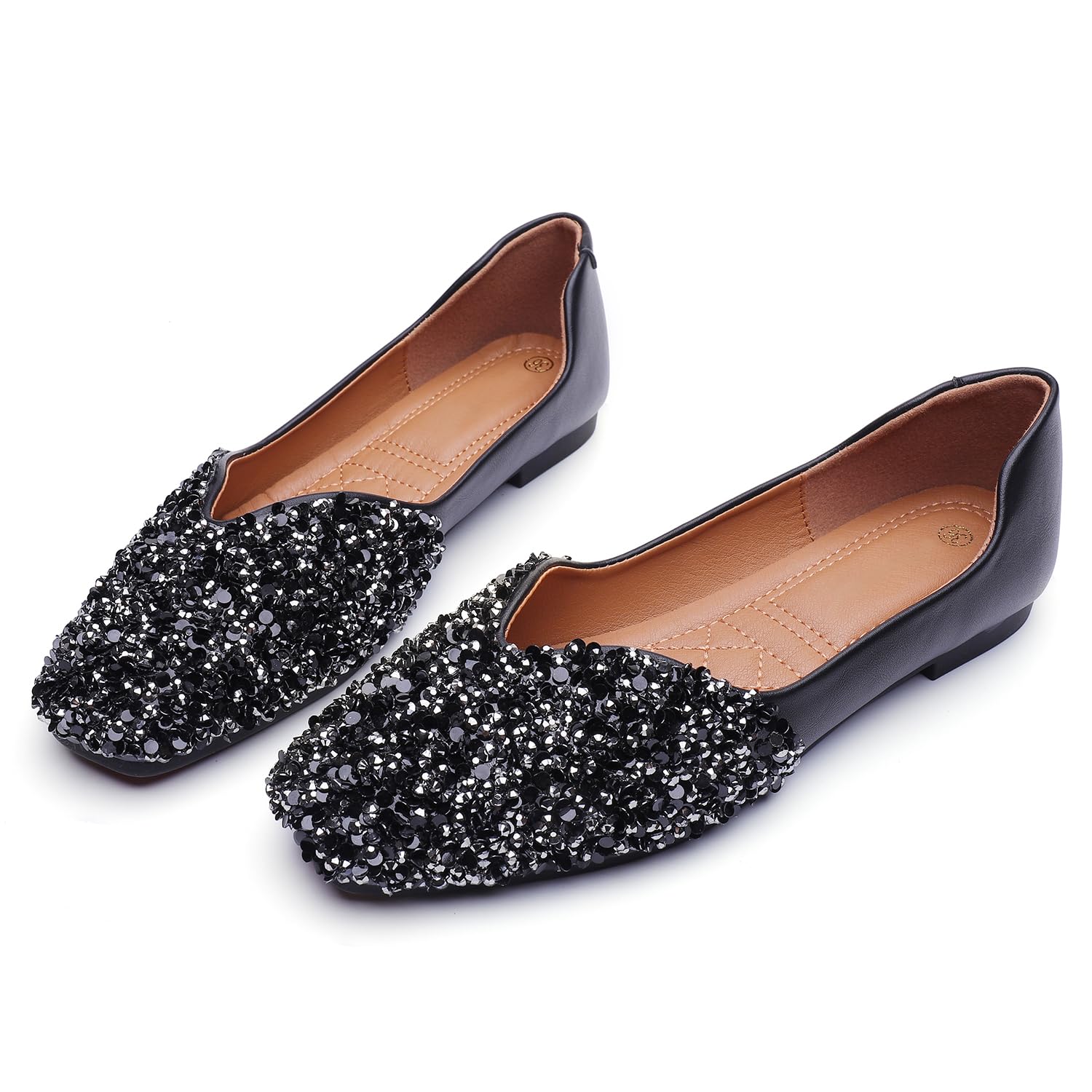 Sparkly Rhinestone Ballet Flats for Women - Comfortable Square Toe Slip-On Dress Shoes for Wedding, Party & Casual Wear