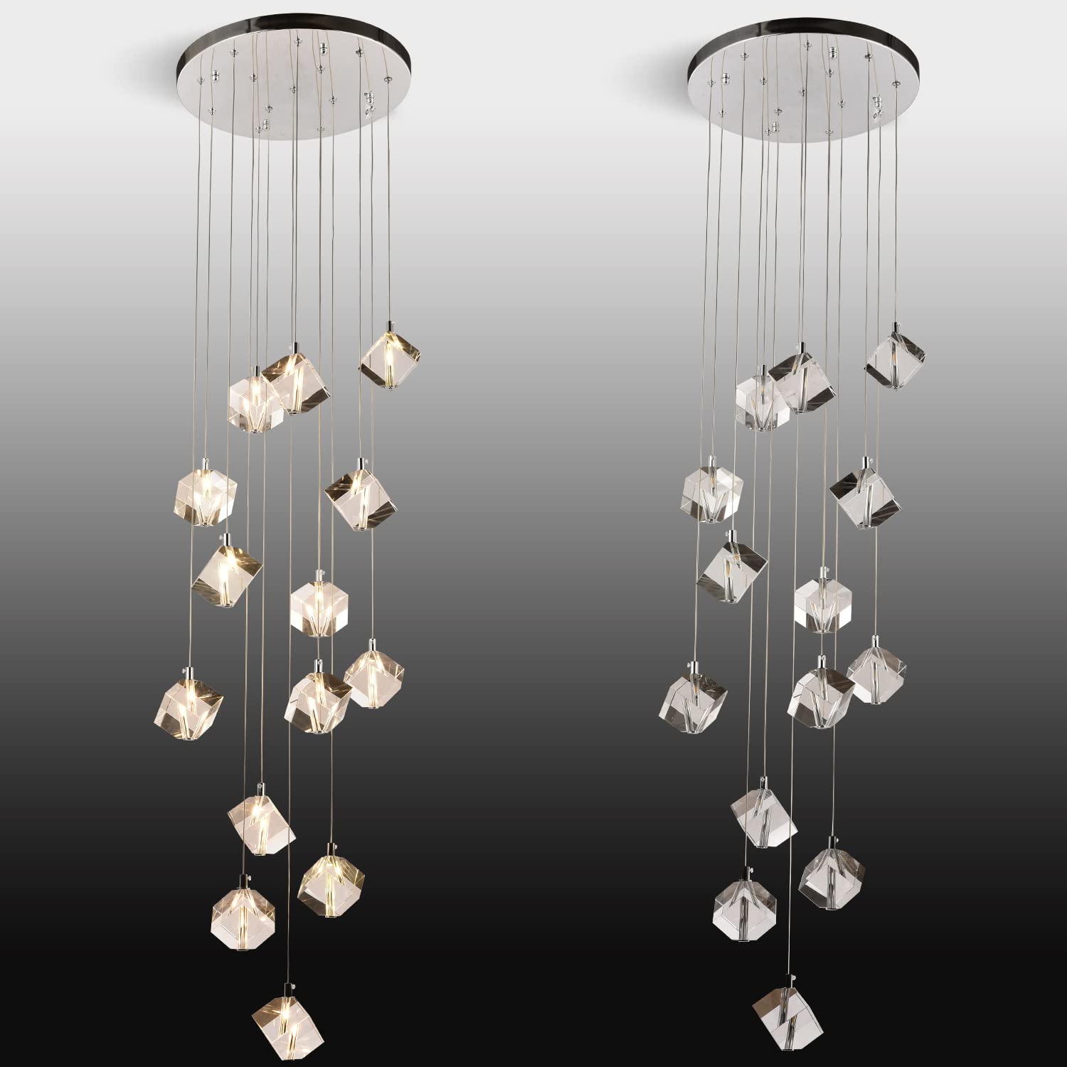 Modern Chrome Raindrop Pendant Light Fixture - 14-Light Round Crystal Chandelier for High Ceilings - Elegant Dining Room, Living Room, Staircase & Hotel Lighting Decor