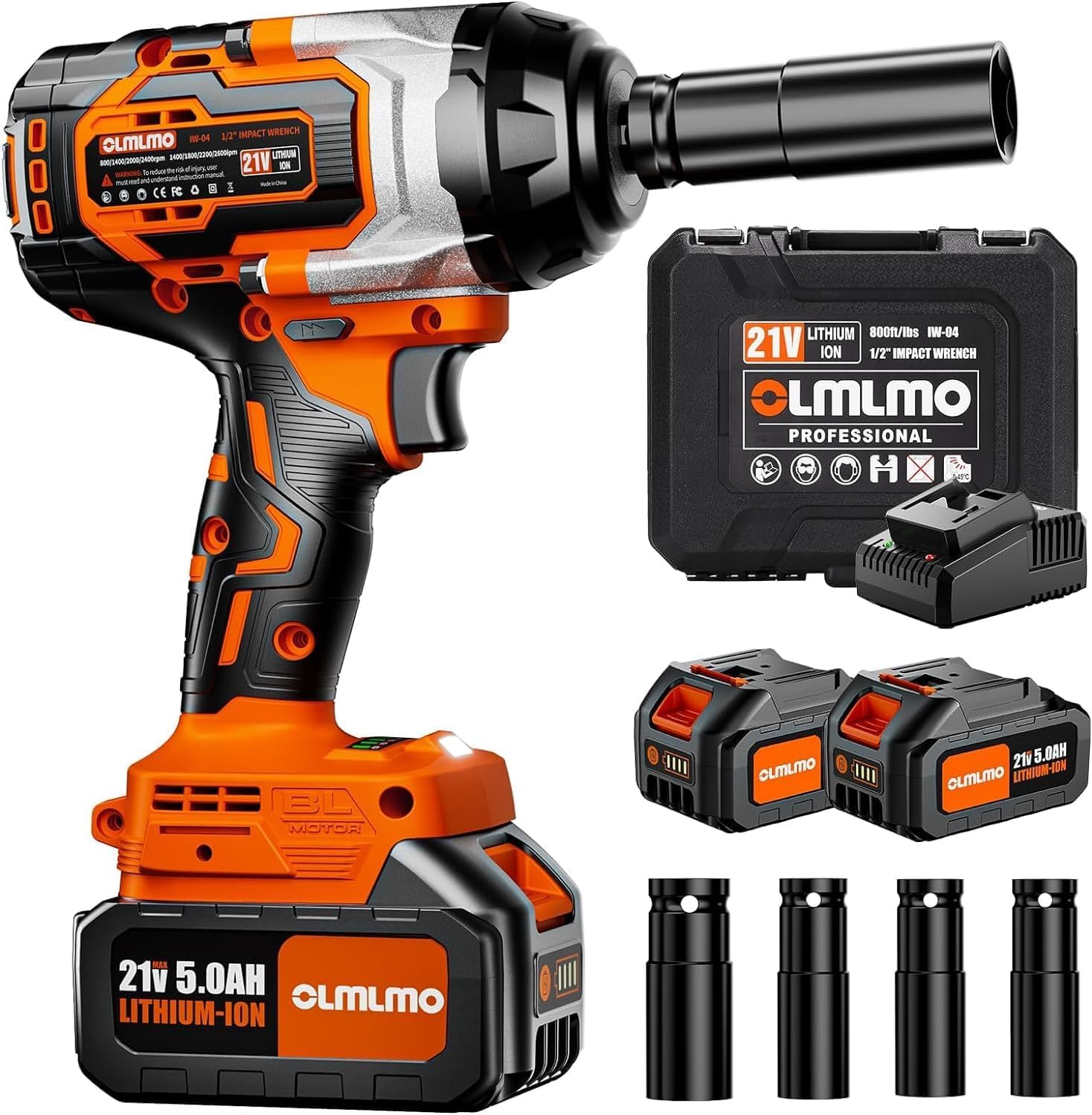 Brushless Cordless Impact Wrench 1/2 Inch - 800Ft-lbs High Torque, 2x5000mAh Batteries, 4-Speed Trigger & Fast Charger with 4 Sockets & Tool Box - Perfect for Automotive Repairs, Construction & DIY Projects