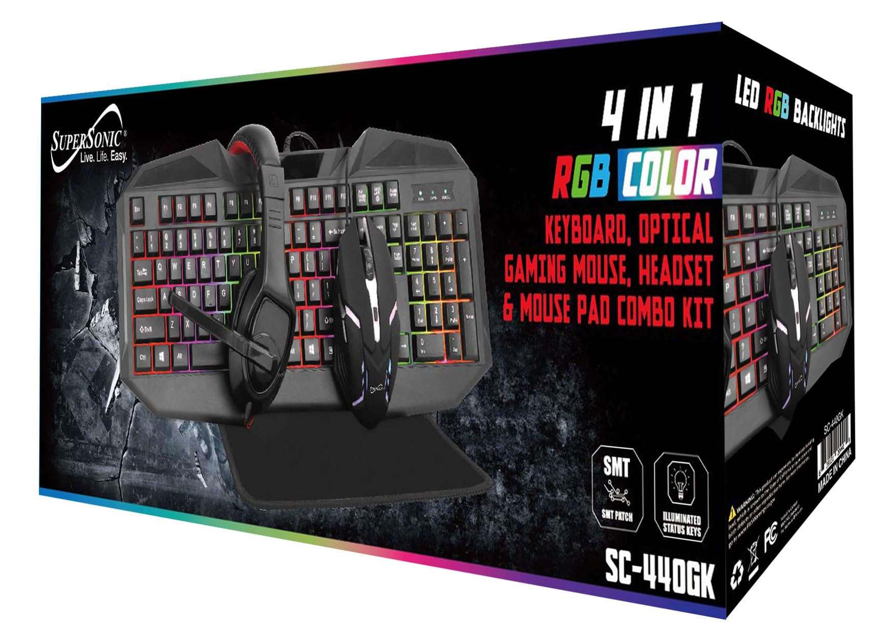 Supersonic SC-440GK 4-in-1 RGB Gaming Bundle - USB Mechanical Keyboard, 6D LED Gaming Mouse, Large Mouse Pad & Noise-Cancelling Headset for PC, PS4, PS5, Xbox | Perfect for Esports, Streaming & Competitive Gaming