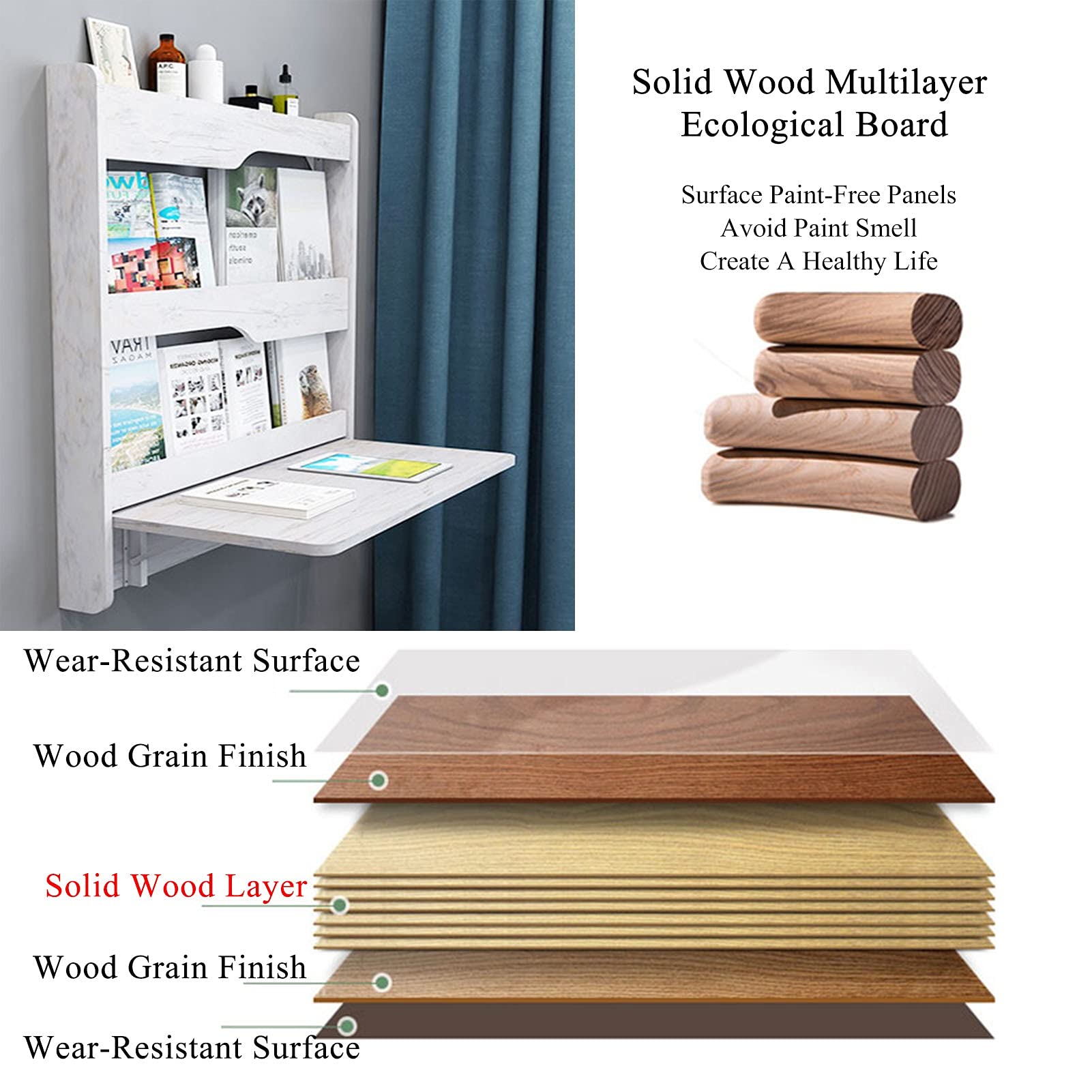 Foldable Wall Mounted Computer Desk - 3-Tier White Hanging Workstation, Space-Saving Narrow Design (640x900x600mm) - Perfect for Small Apartments, Home Offices & Dorm Rooms
