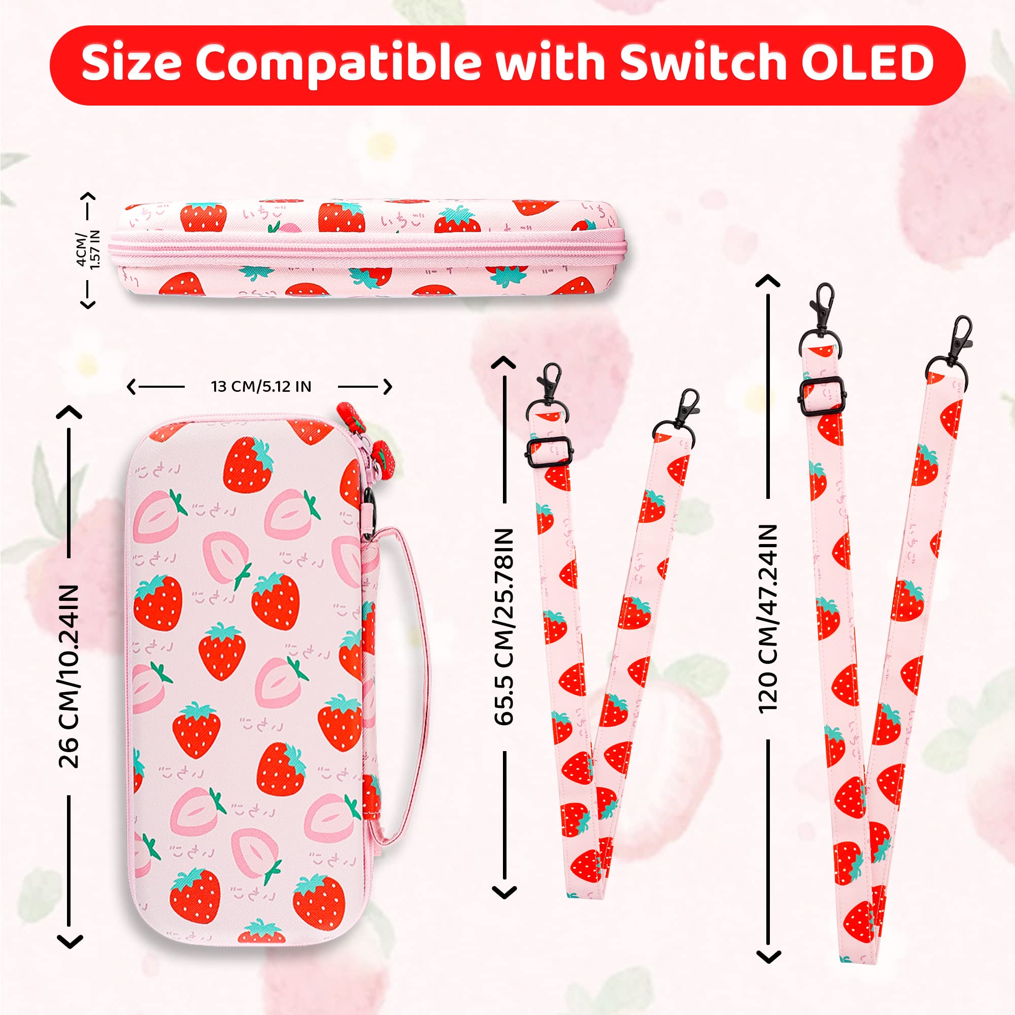 FUNDIARY Pink Nintendo Switch OLED Travel Carrying Case with Strawberry Design - Shockproof Hard Shell, Portable Storage Bag, Shoulder Strap, Screen Protector & 2 Thumb Grips - Perfect for Gaming on the Go, Travel Protection & Console Storage