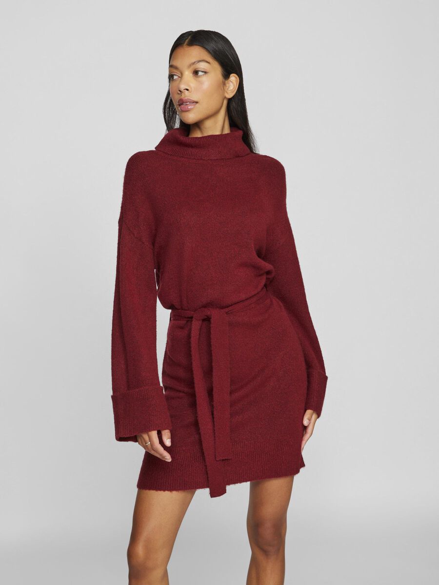 Alva Tie Belt Knit Dress in Cabernet Red - Elegant Women's Wrap Dress for Office, Date Night & Special Occasions