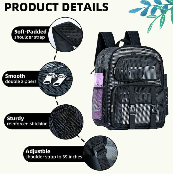 Mesh Backpack for School, Heavy Duty Clear Transparent Backpack for Women & Men - Durable Student Backpack for Travel, Gym & Outdoor Activities (3 Sizes Available)