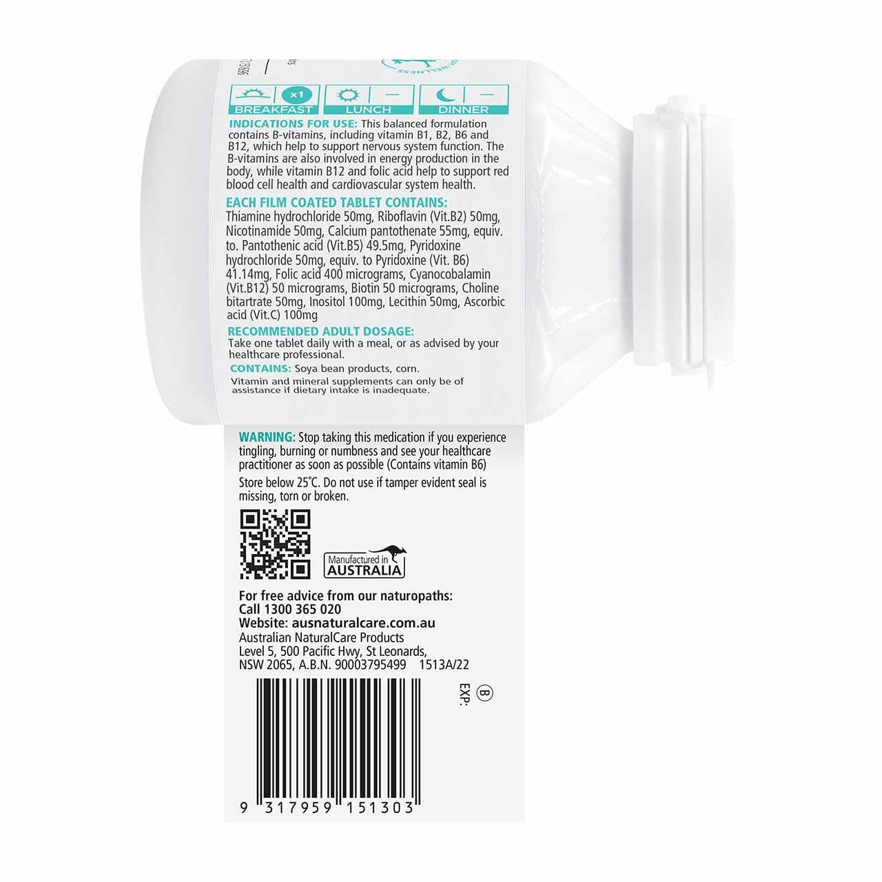 Australian Natural Care Super B 50 Complex - 120 High Potency Vitamin B Tablets for Energy, Metabolism & Stress Relief - Daily Immune Support Supplement for Adults