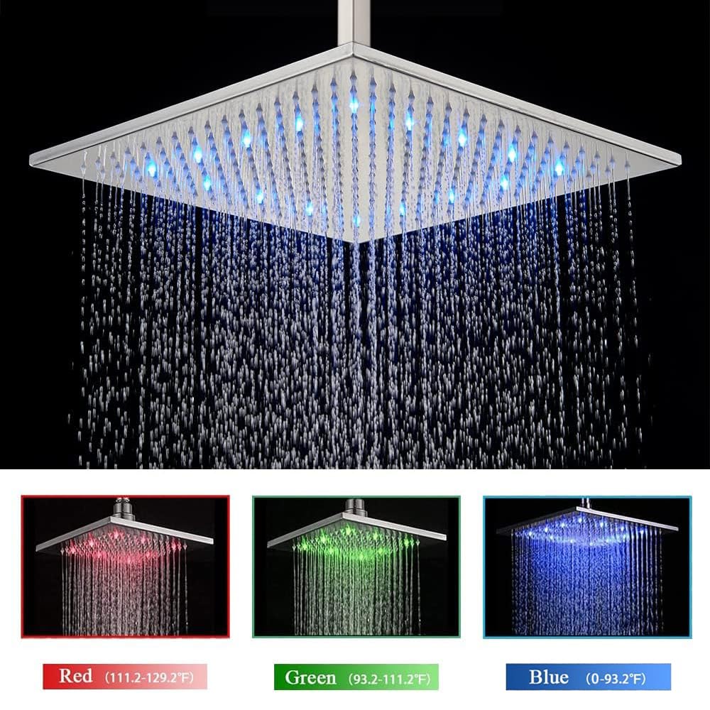 12 Inch LED Rainfall Shower Head System with Handheld Spray - Ceiling Mount Chrome Shower Faucet Set Including Rough-in Valve & Trim - Perfect for Modern Bathroom & Spa Experience