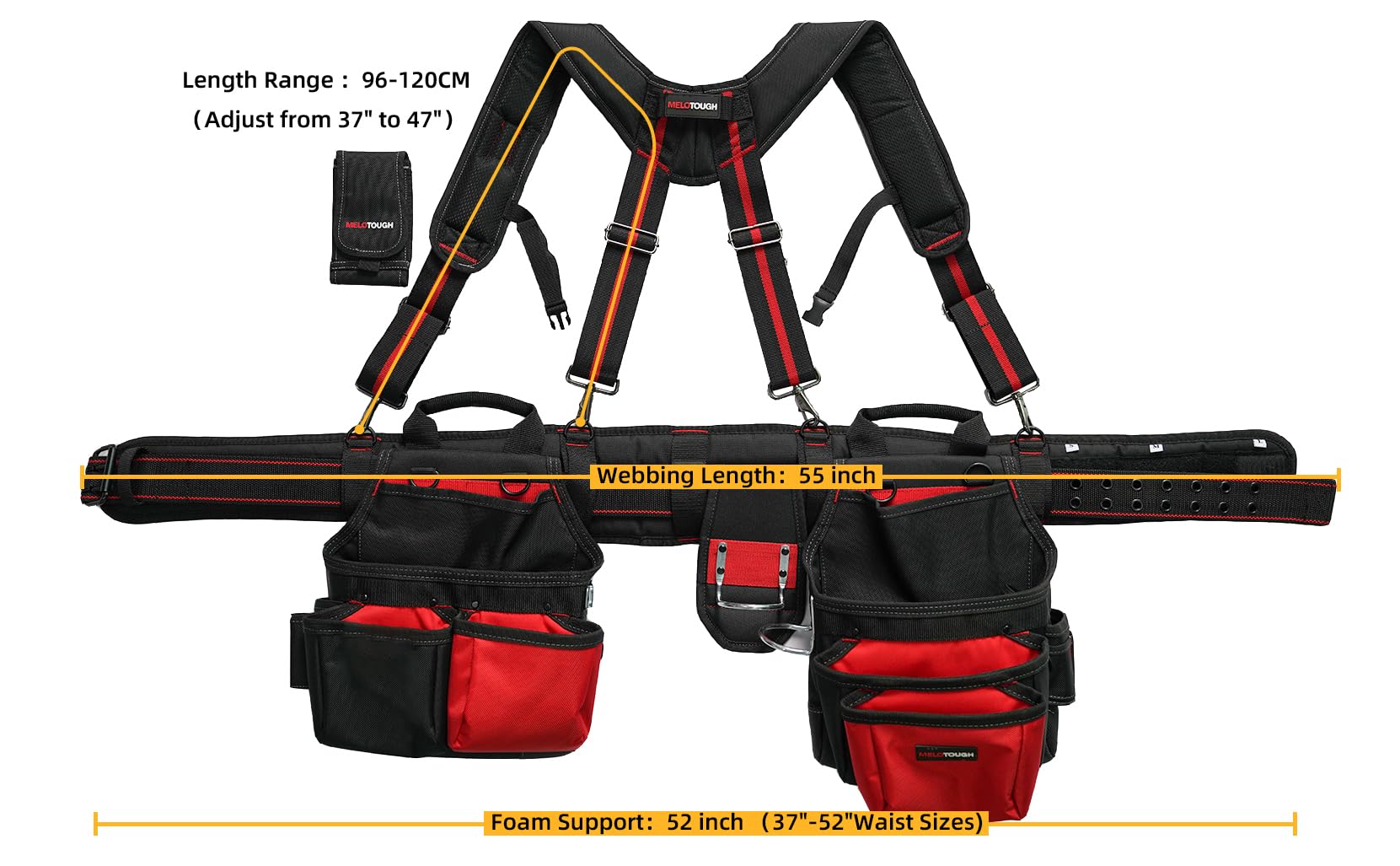 MELOTOUGH Pro Framer Combo System - Heavy Duty Magnetic Tool Pouch with Adjustable Carpenter Tool Belt & Multi-Function Suspenders (Red) | Perfect for Construction, Carpentry & DIY Projects