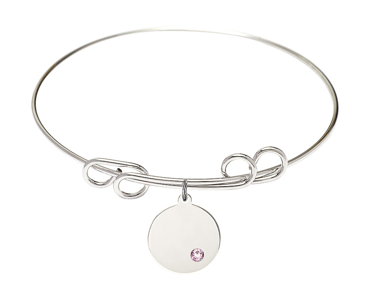8 Inch Round Double Loop Bangle Bracelet with Plain Disc Charm & Light Purple Crystal - Elegant Jewelry for Women, Perfect for Parties, Weddings & Everyday Wear