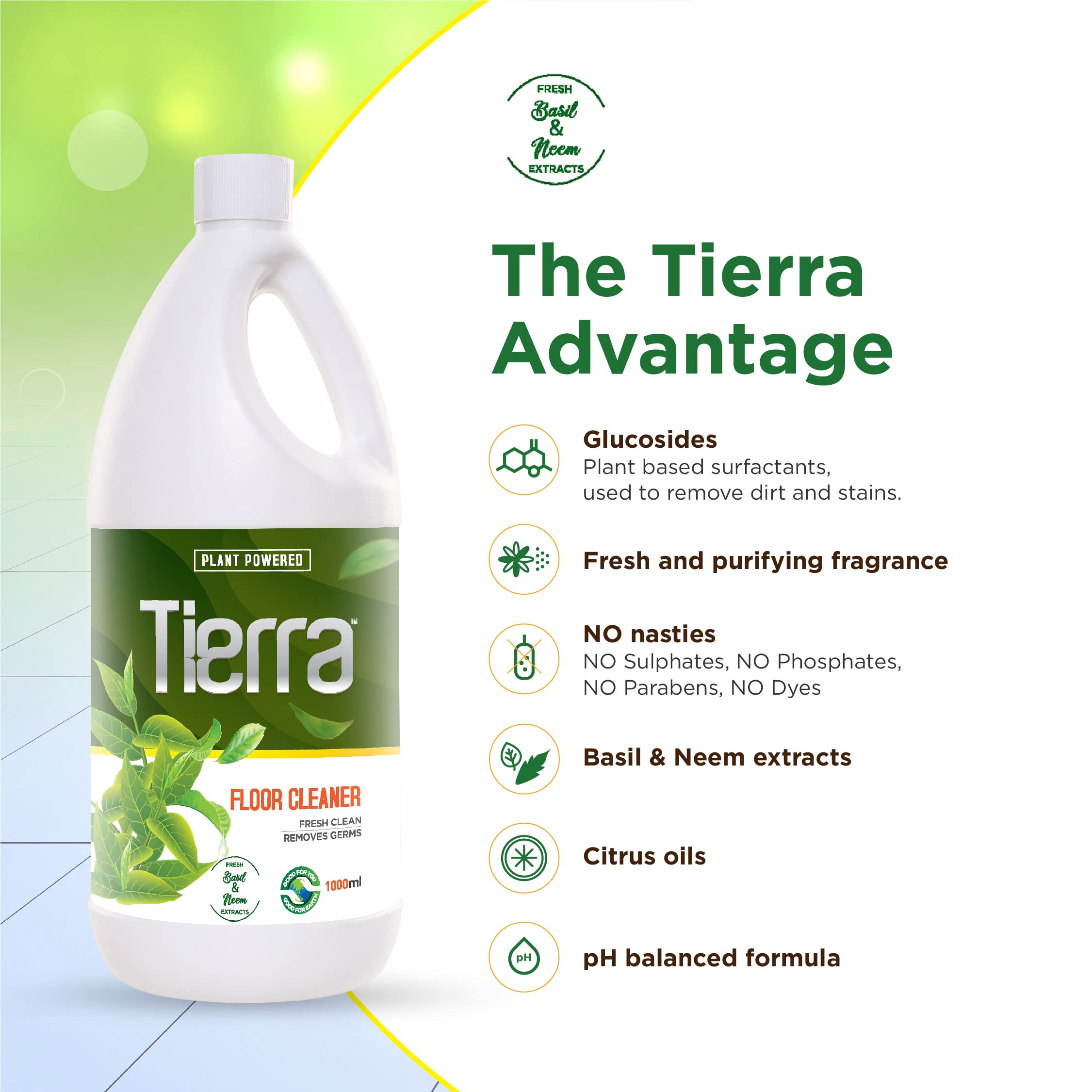Tierra Floor Cleaner Liquid - 1 Liter | Natural Basil & Neem Extract | Kills Germs & Removes Stains | Safe for Skin, Babies & Pets | Non-Toxic | Ideal for Hardwood, Tile & Laminate Floors