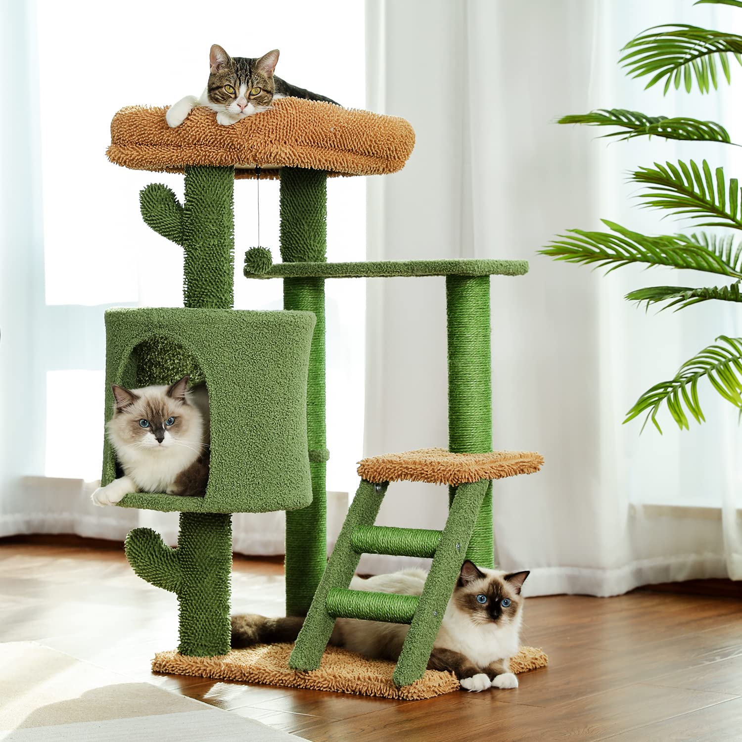 Unique Cactus Cat Tree Tower with Sisal Scratching Post, Cozy Condo & Plush Perches - Fun Climbing Ladder & Hanging Toy for Indoor Cats | Perfect for Play, Rest & Scratching Needs