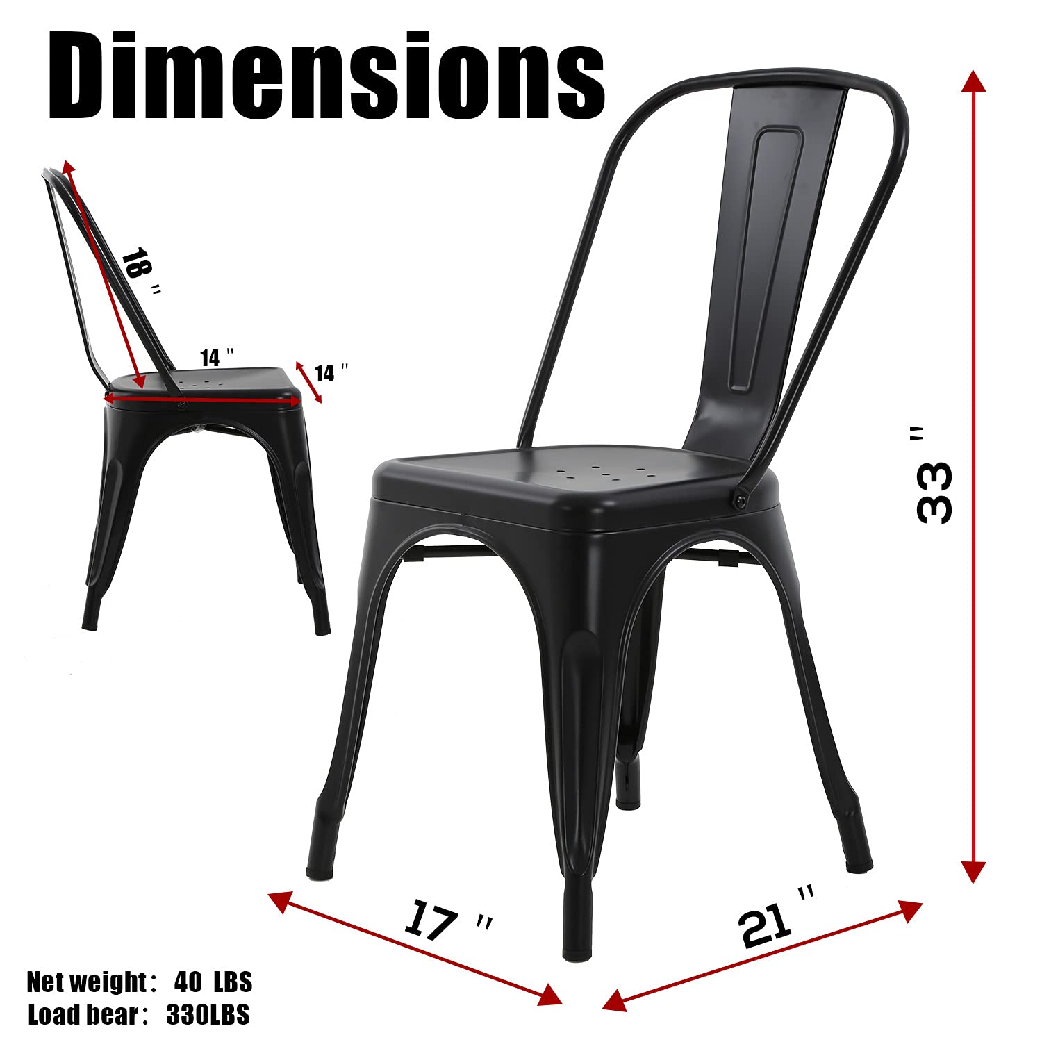 HCY 4-Pack Stackable Metal Dining Chairs - 18 Inch Height with High Backrest - Modern Kitchen, Patio, Restaurant Chairs for Indoor & Outdoor Use - Perfect for Home, Cafe, and Commercial Spaces (Black)