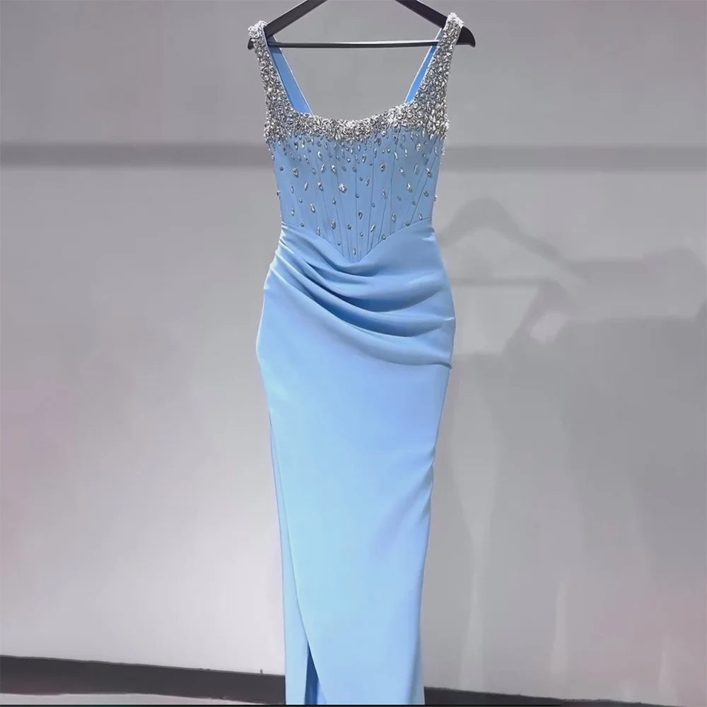 Luxury Dubai Saudi Blue Crystal Beaded Spaghetti Strap Mermaid Evening Gown with High Slit - Formal Party Dress for Prom, Wedding, Gala & Red Carpet Events