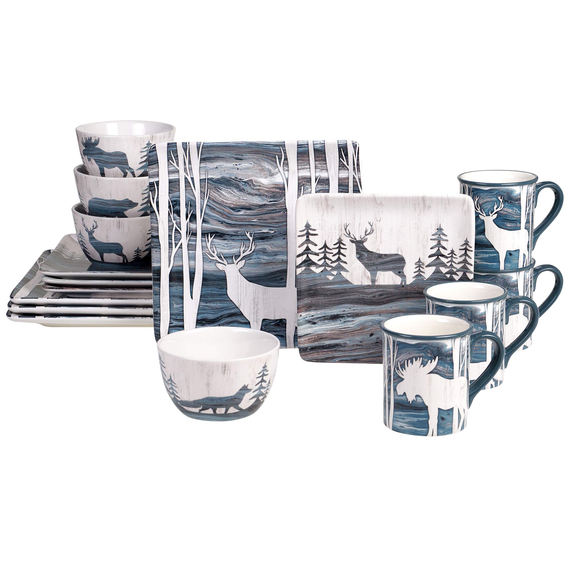 Certified International Fluidity Lodge 16-Piece Dinnerware Set for 4 - Elegant Stoneware Plates, Bowls & Mugs - Perfect for Family Dinners, Holiday Entertaining & Everyday Use