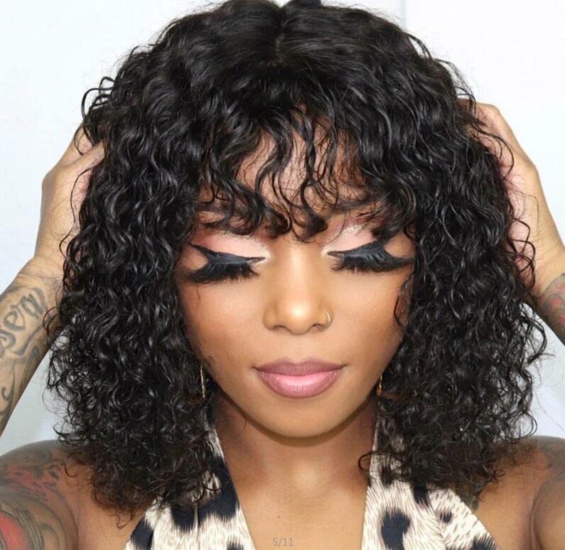 Short Curly Brazilian Human Hair Bob Wig with Bangs - 14 Inch Glueless Water Wave Pre Plucked Machine Made Wig for Black Women (130% Density) | Perfect for Daily Wear, Cosplay & Special Occasions